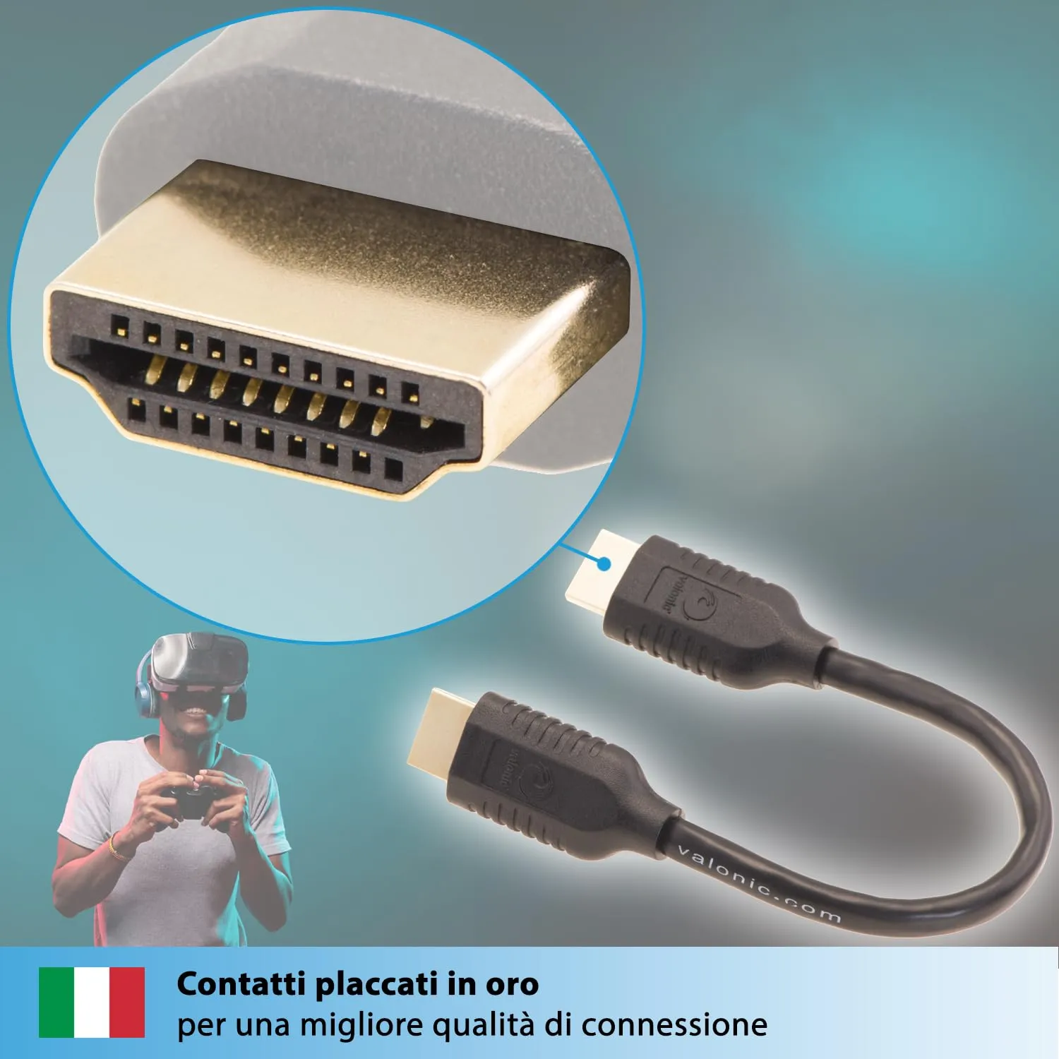 valonic Cavo HDMI 2.0, 20 cm, 4K Ultra HD, HDR, ARC, Nero - immagine 6