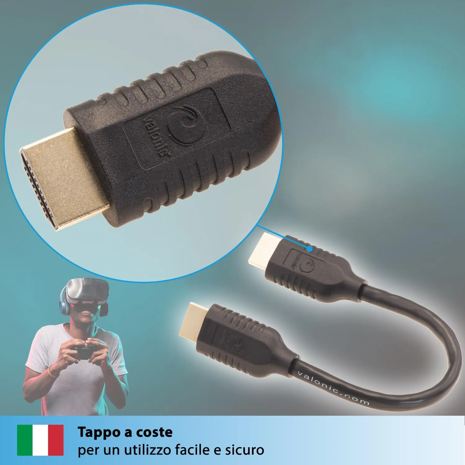valonic Cavo HDMI 2.0, 20 cm, 4K Ultra HD, HDR, ARC, Nero - immagine 7