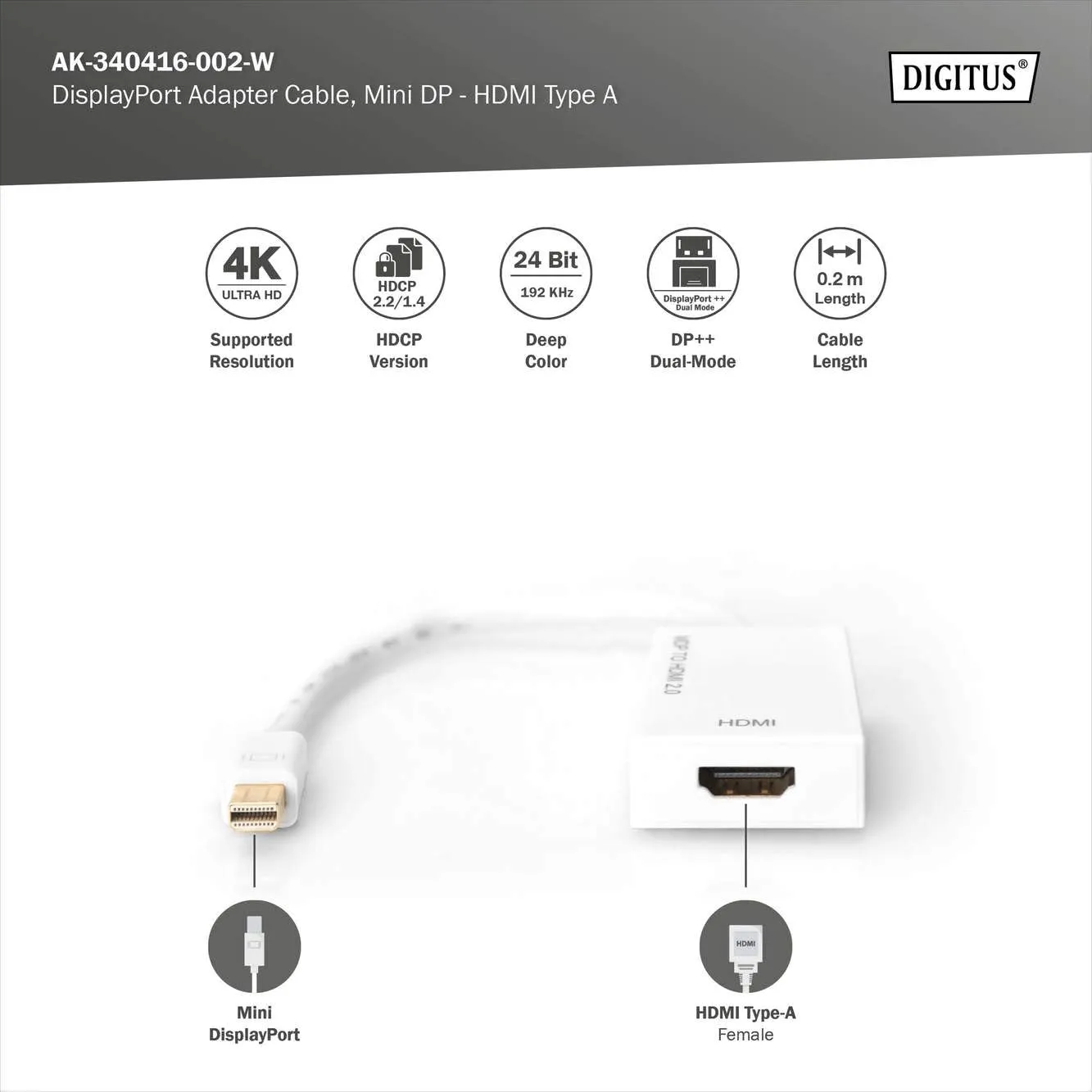Digitus AK-340416-002-W Active Mini DisplayPort to HDMI Adapter Cable, Black - immagine 2