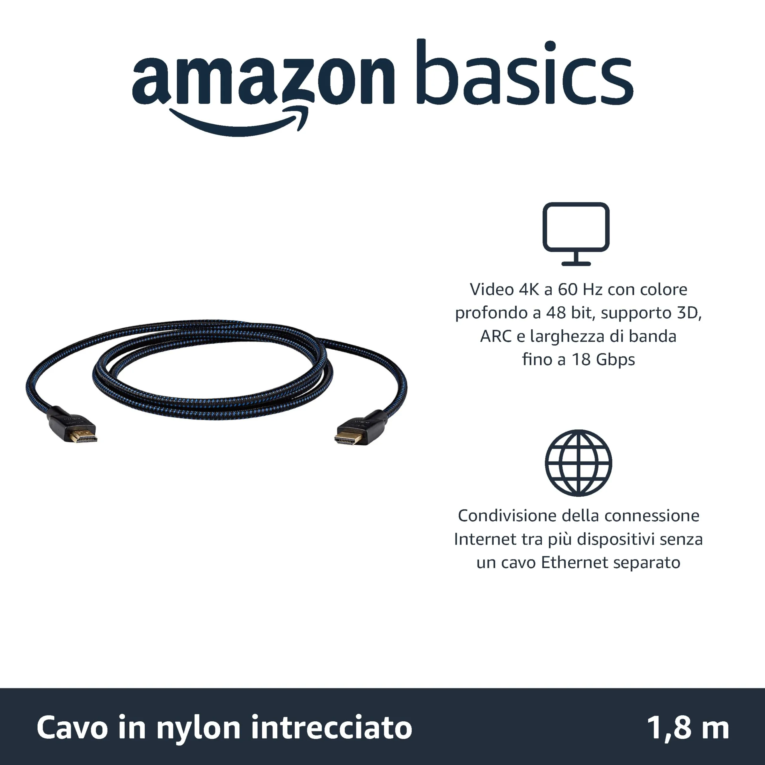 Amazon Basics Cavo HDMI a HDMI intrecciato, 1,8 m, Nero - immagine 2