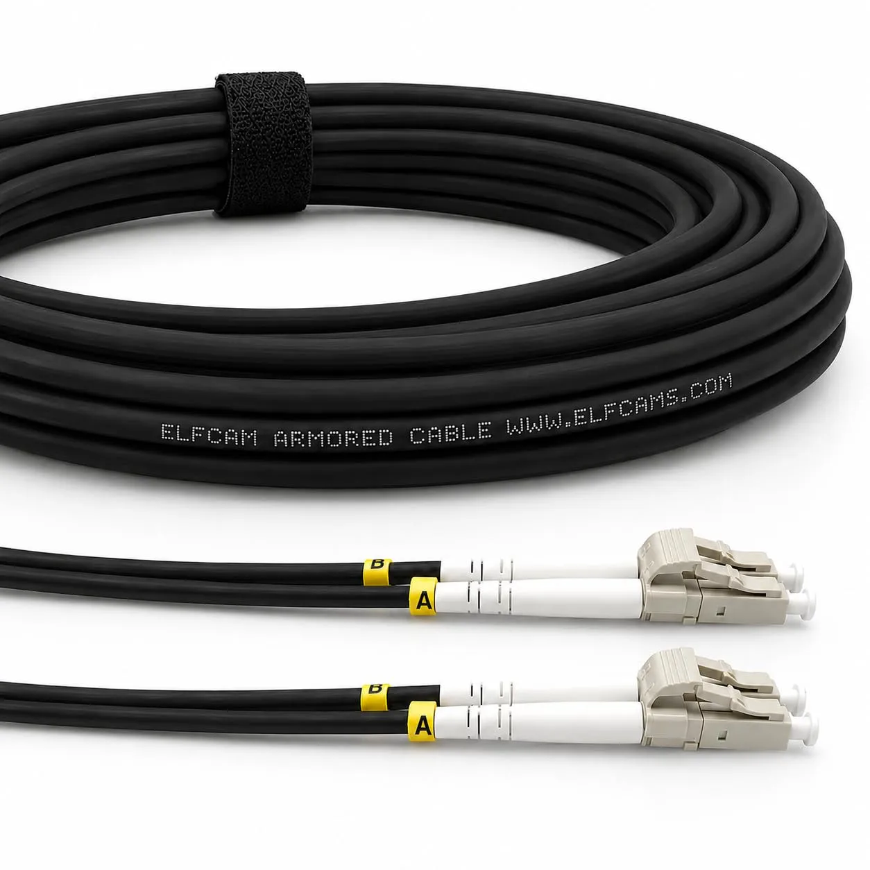 Elfcam Cavo Fibra Ottica Armatura in Acciaio Corrugato LC/UPC a LC/UPC OM3 Multimodale Duplex 50/125um LSZH, 25M, Nero - immagine 1