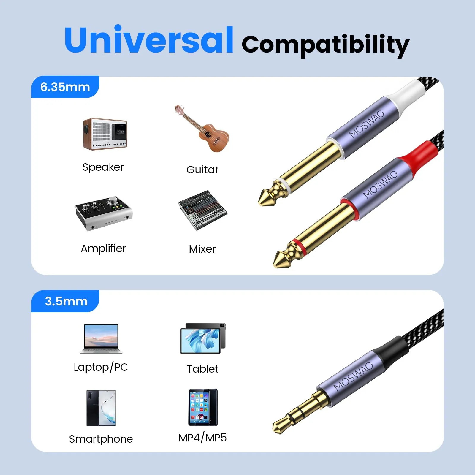 MOSWAG Cavo Audio Jack 3.5mm a Doppio Jack 6.35mm, 1M - immagine 2