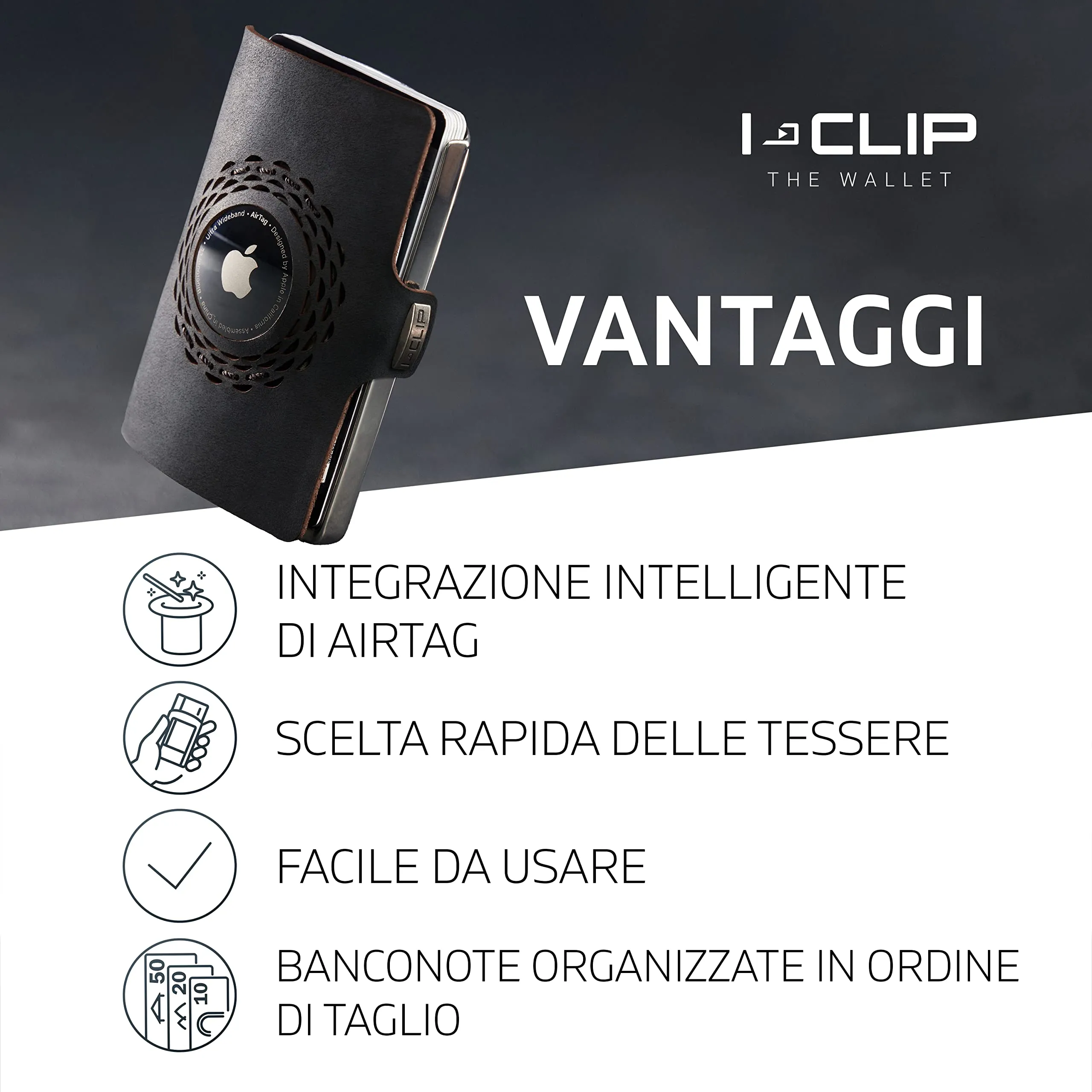 I-CLIP Portafoglio in acciaio inossidabile per Apple AirTag con fermasoldi - Acciaio Nero lucido - immagine 2
