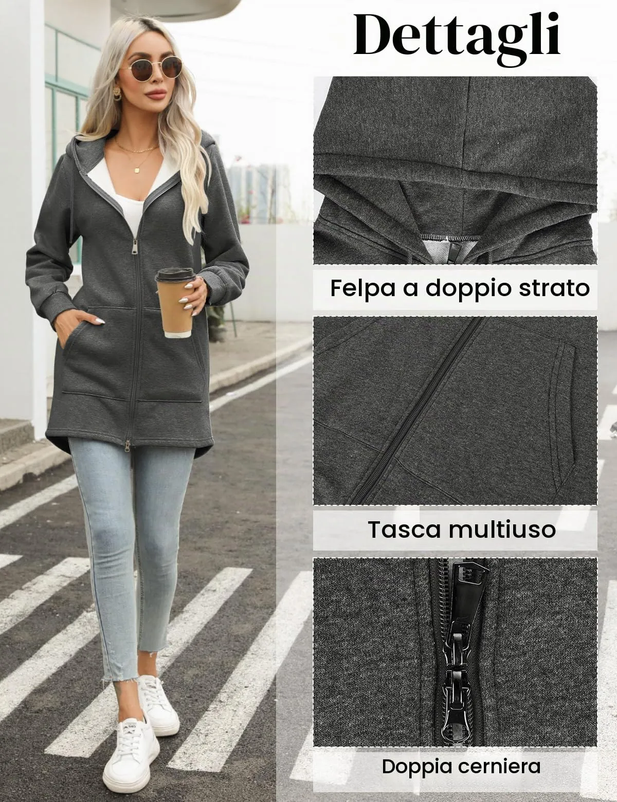Tuopuda Felpa con Cappuccio e Zip da Donna, Cardigan in Pile con Tasche, Grigio Scuro, L - immagine 4