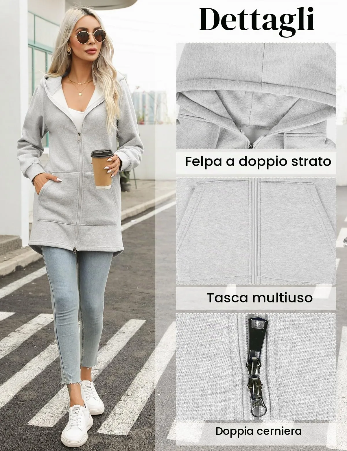 Tuopuda Felpa con Cappuccio e Zip Donna, Grigio, XXL - immagine 4