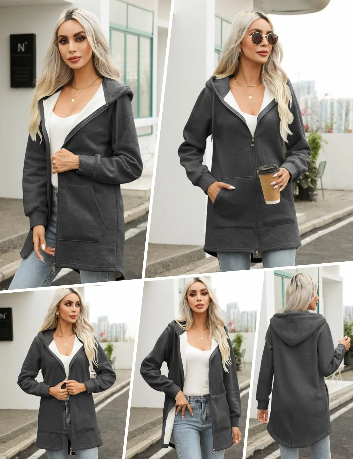 Tuopuda Felpa con Cappuccio e Zip Donna, Grigio Scuro, S - immagine 2