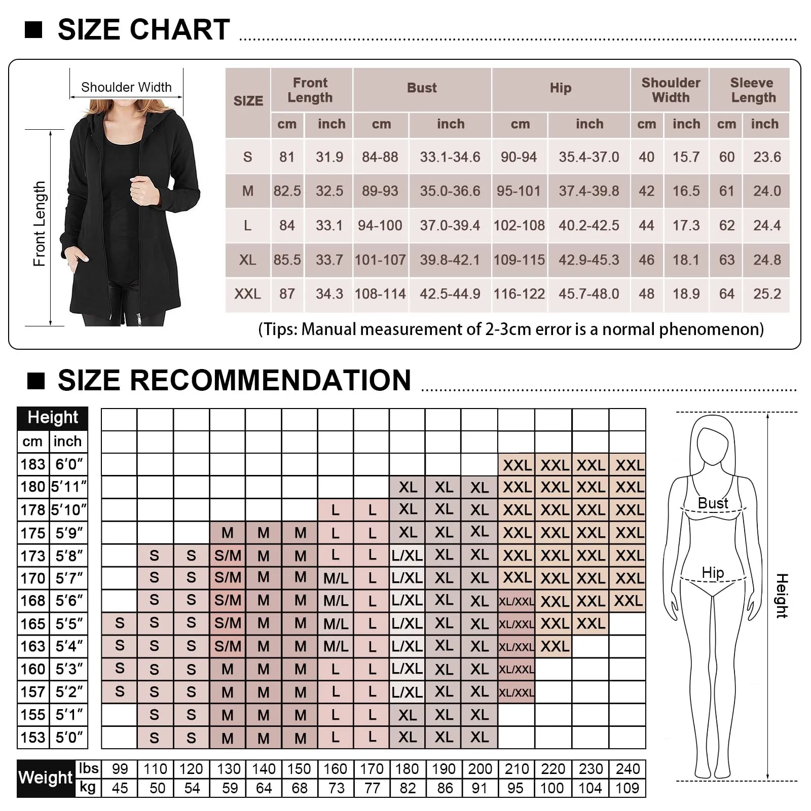 Tuopuda Felpa con Cappuccio e Zip da Donna, Nero, L - immagine 3