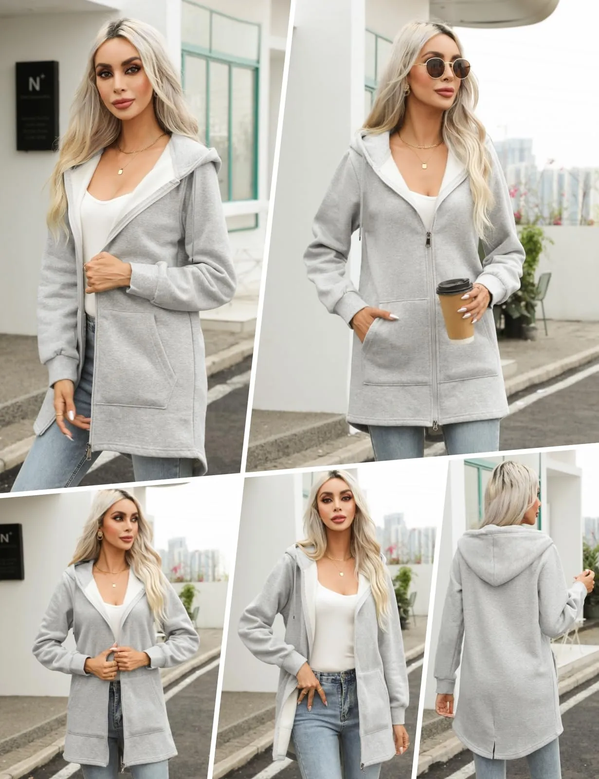Tuopuda Felpa con Cappuccio e Zip da Donna, Cardigan in Pile con Tasche, Grigio, XL - immagine 2