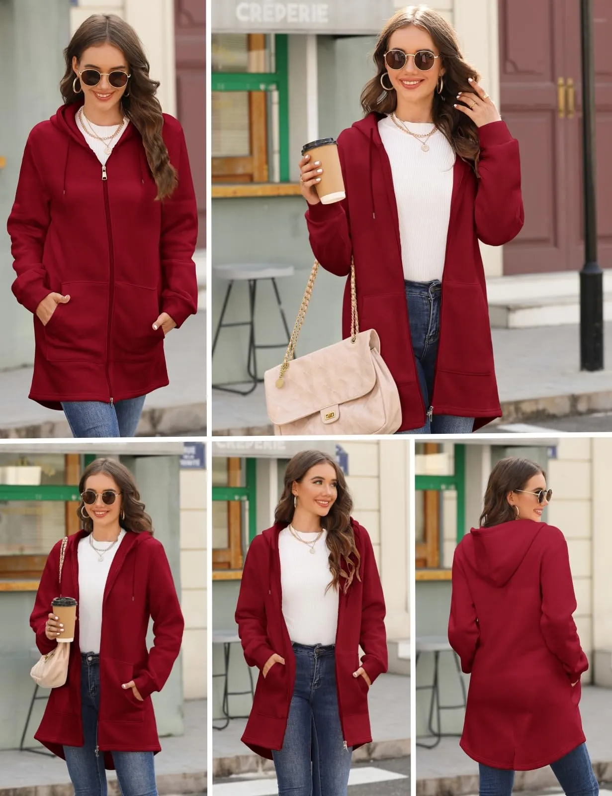 Tuopuda Felpa con Cappuccio e Zip Donna, Vino Rosso, XXL - immagine 2