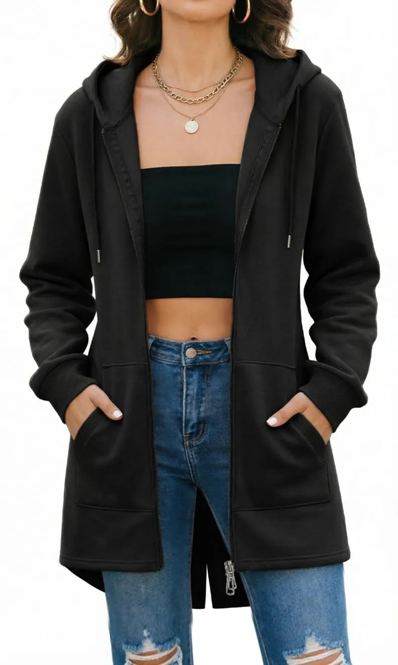 Tuopuda Felpa con Cappuccio e Zip per Donna, Cardigan in Pile con Tasche, Nero, XXL - immagine 1