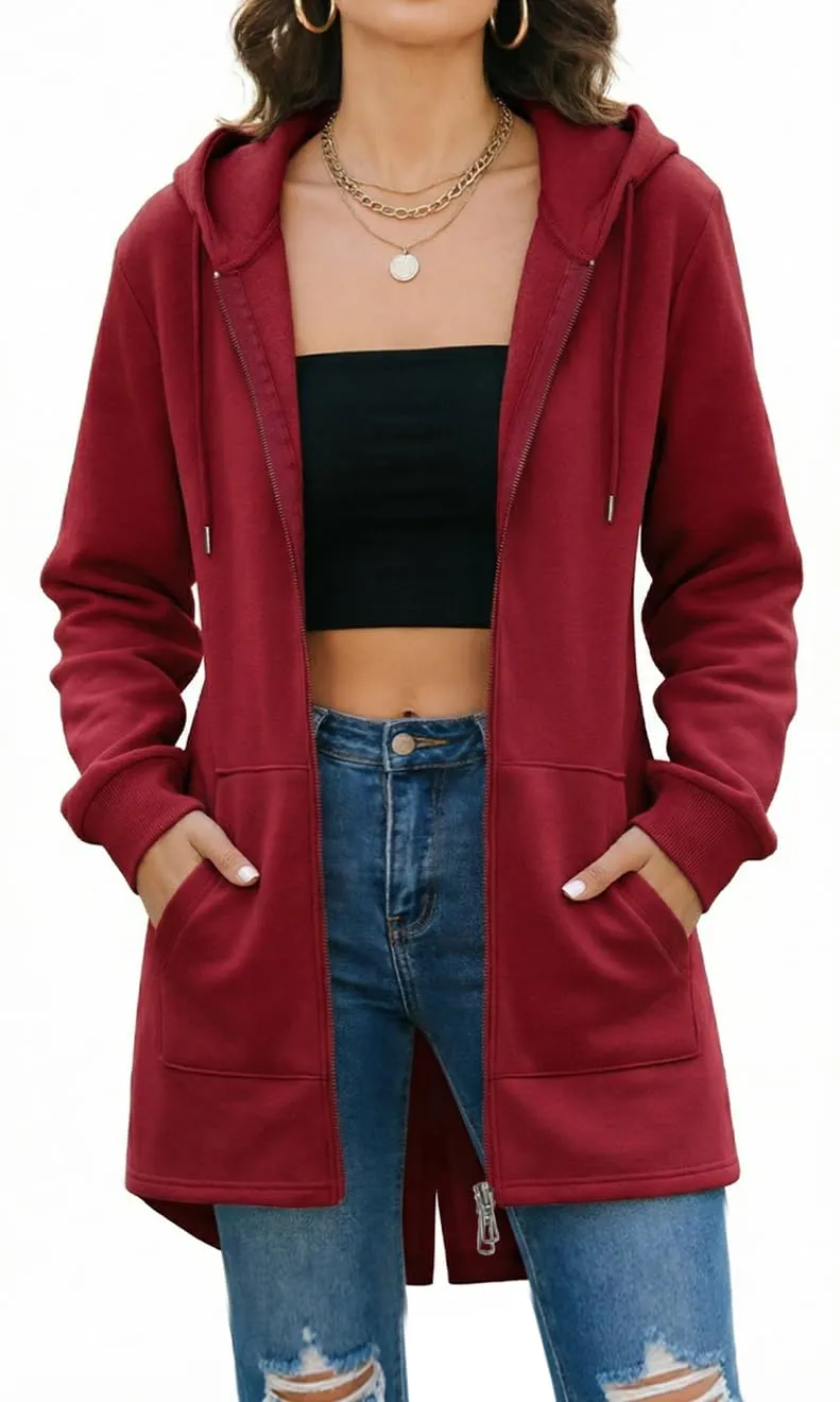 Tuopuda Felpa con Cappuccio e Zip per Donna, Cardigan in Pile con Tasche, Vino Rosso, L - immagine 1