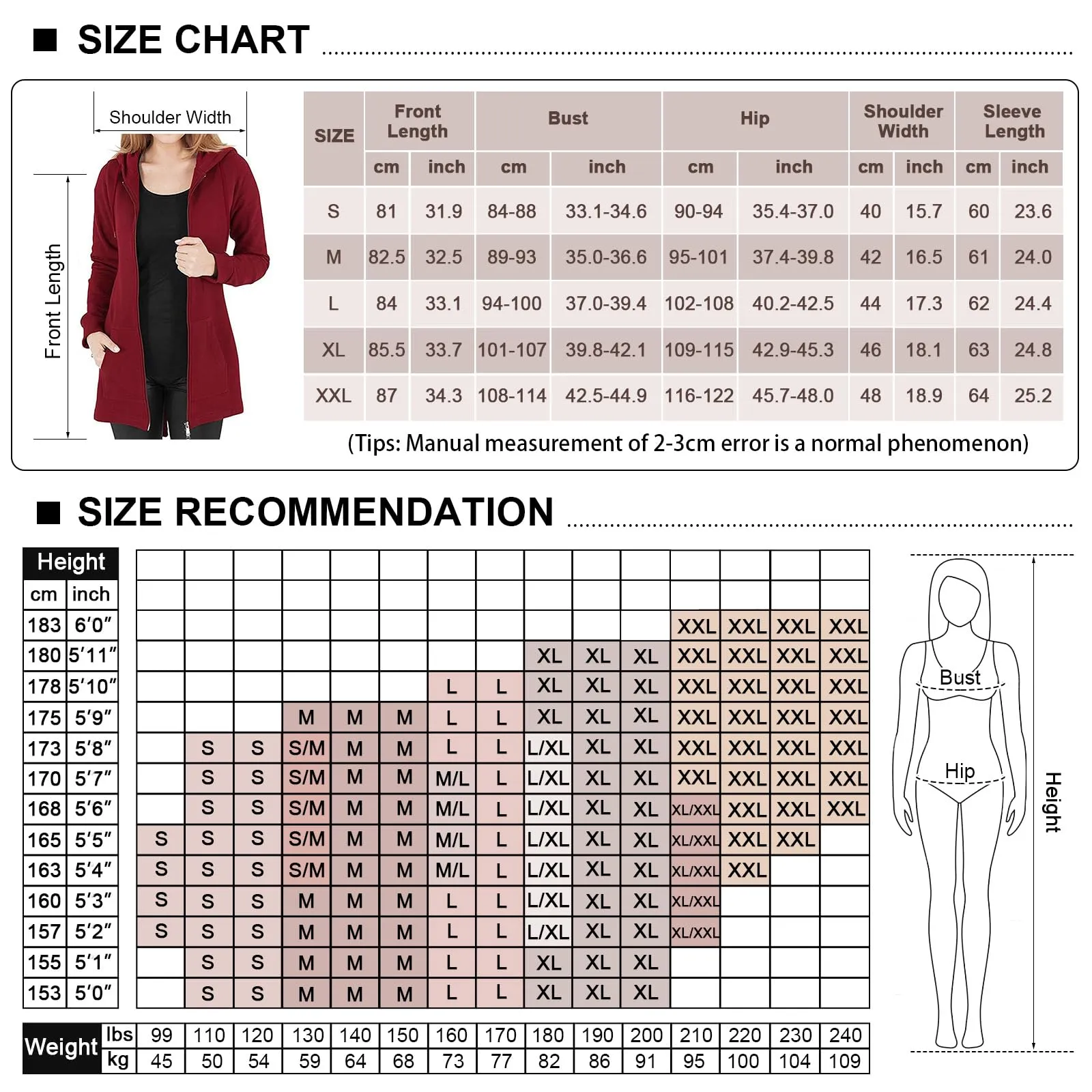 Tuopuda Felpa con Cappuccio e Zip per Donna, Cardigan in Pile con Tasche, Vino Rosso, L - immagine 3
