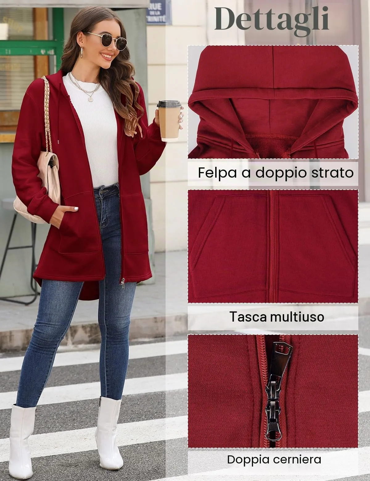 Tuopuda Felpa con Cappuccio e Zip per Donna, Cardigan in Pile con Tasche, Vino Rosso, L - immagine 4