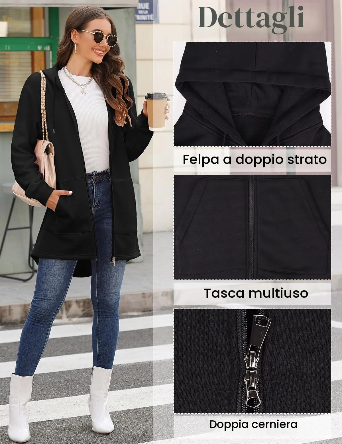 Tuopuda Felpa con Cappuccio e Zip Donna, Cardigan in Pile con Tasche, Nero, S - immagine 4