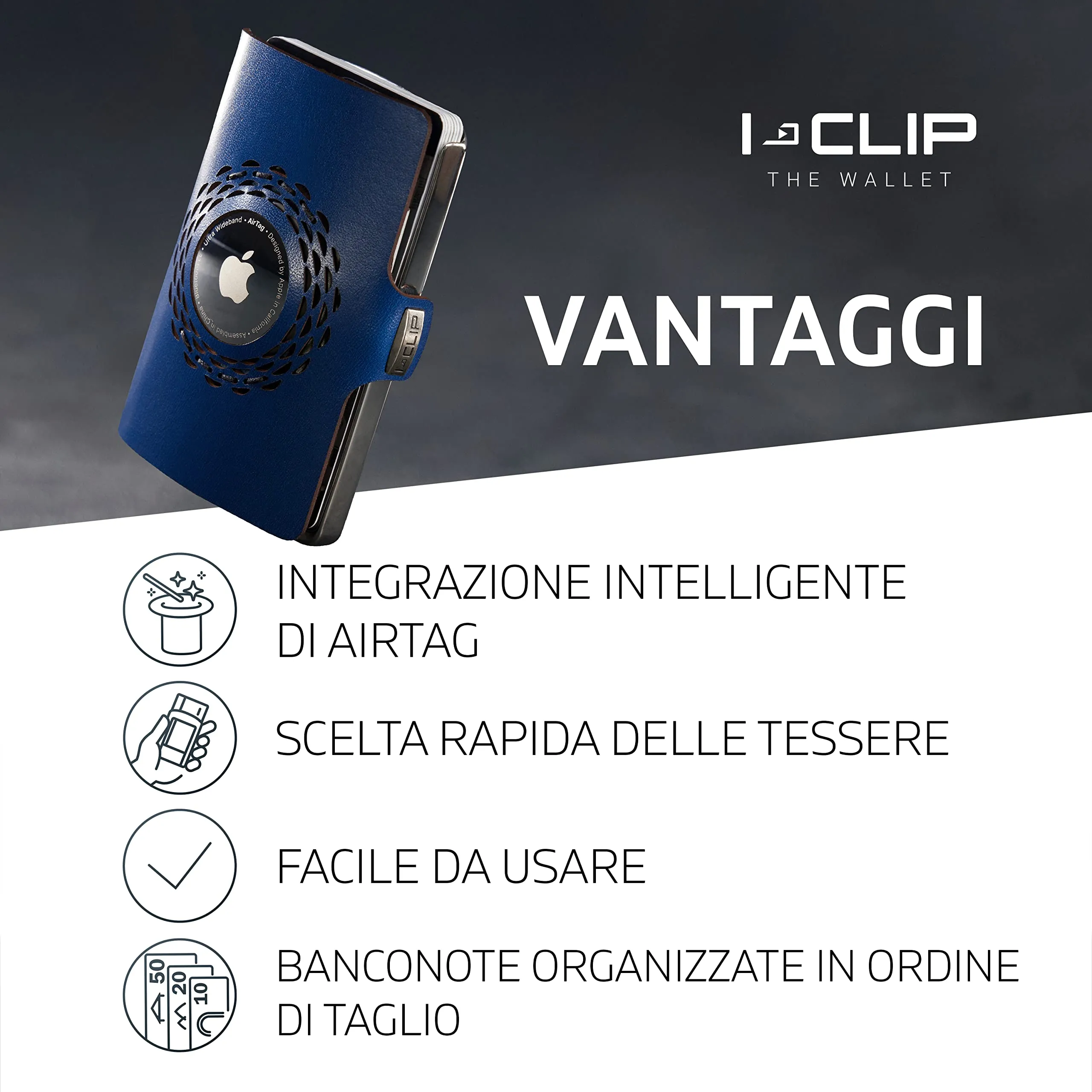 I-CLIP Portafoglio in acciaio inossidabile per Apple AirTag con fermasoldi, Acciaio Blu lucido - immagine 2