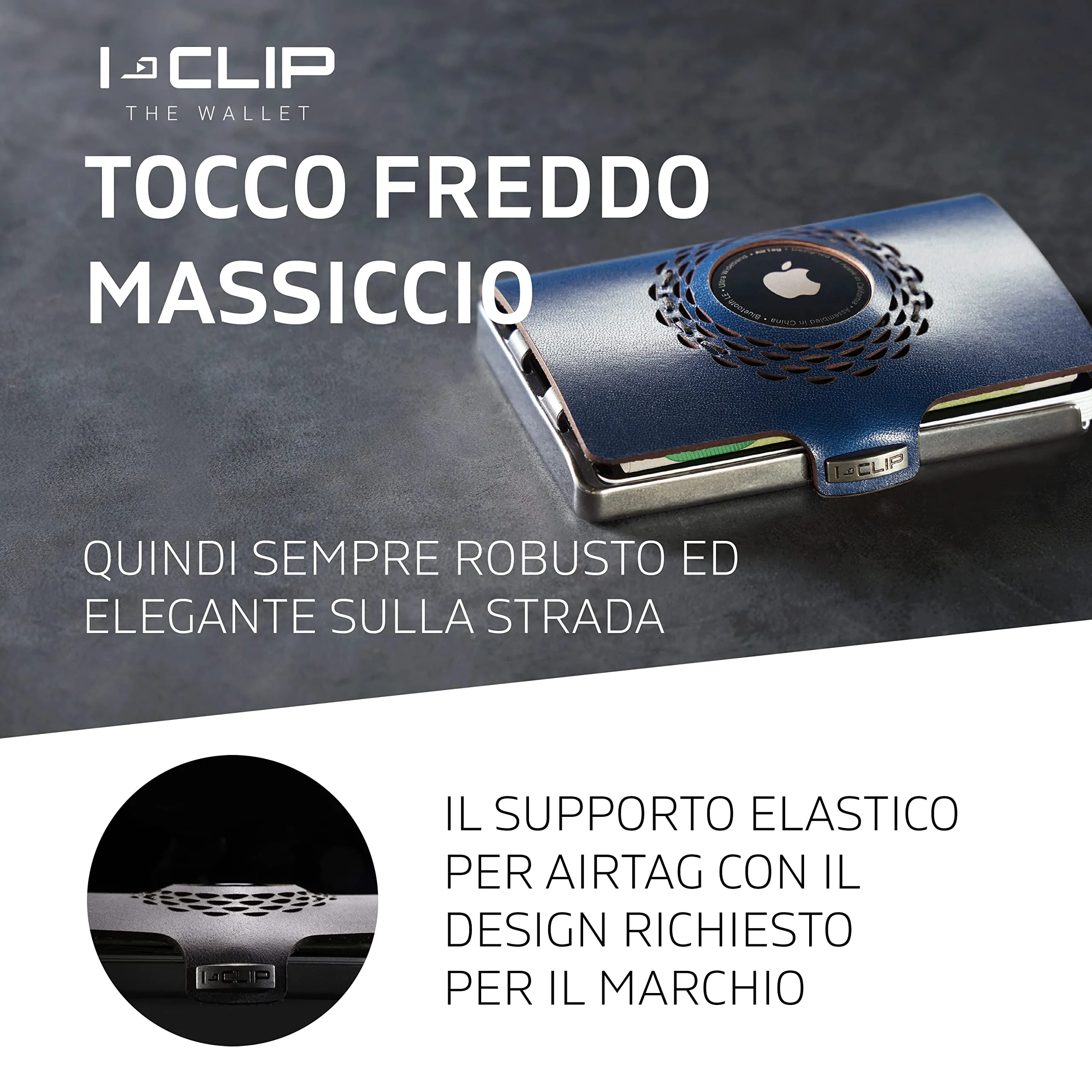 I-CLIP Portafoglio in acciaio inossidabile per Apple AirTag con fermasoldi, Acciaio Blu lucido - immagine 4