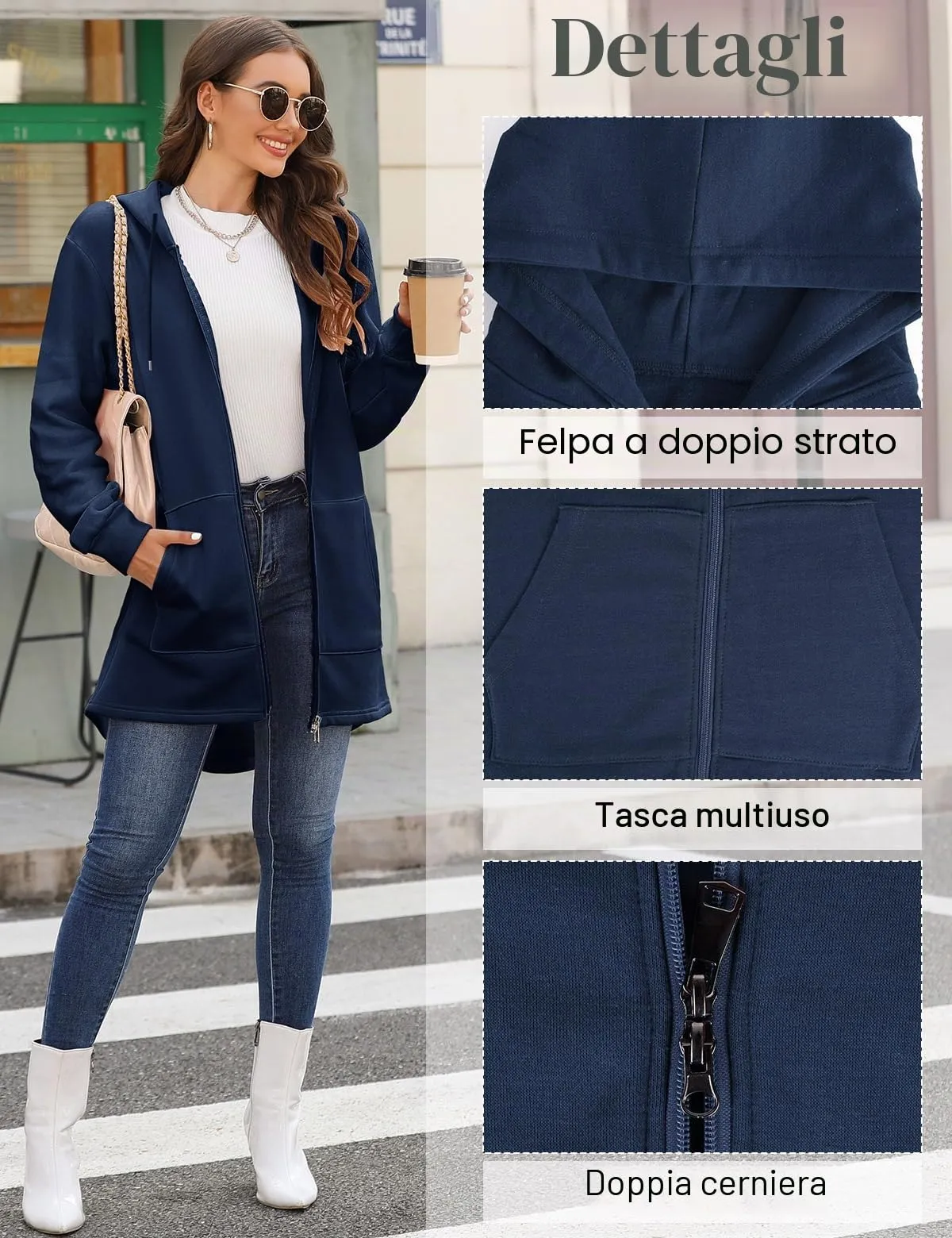 Tuopuda Felpa con Cappuccio e Zip Donna, Blu, S - immagine 4