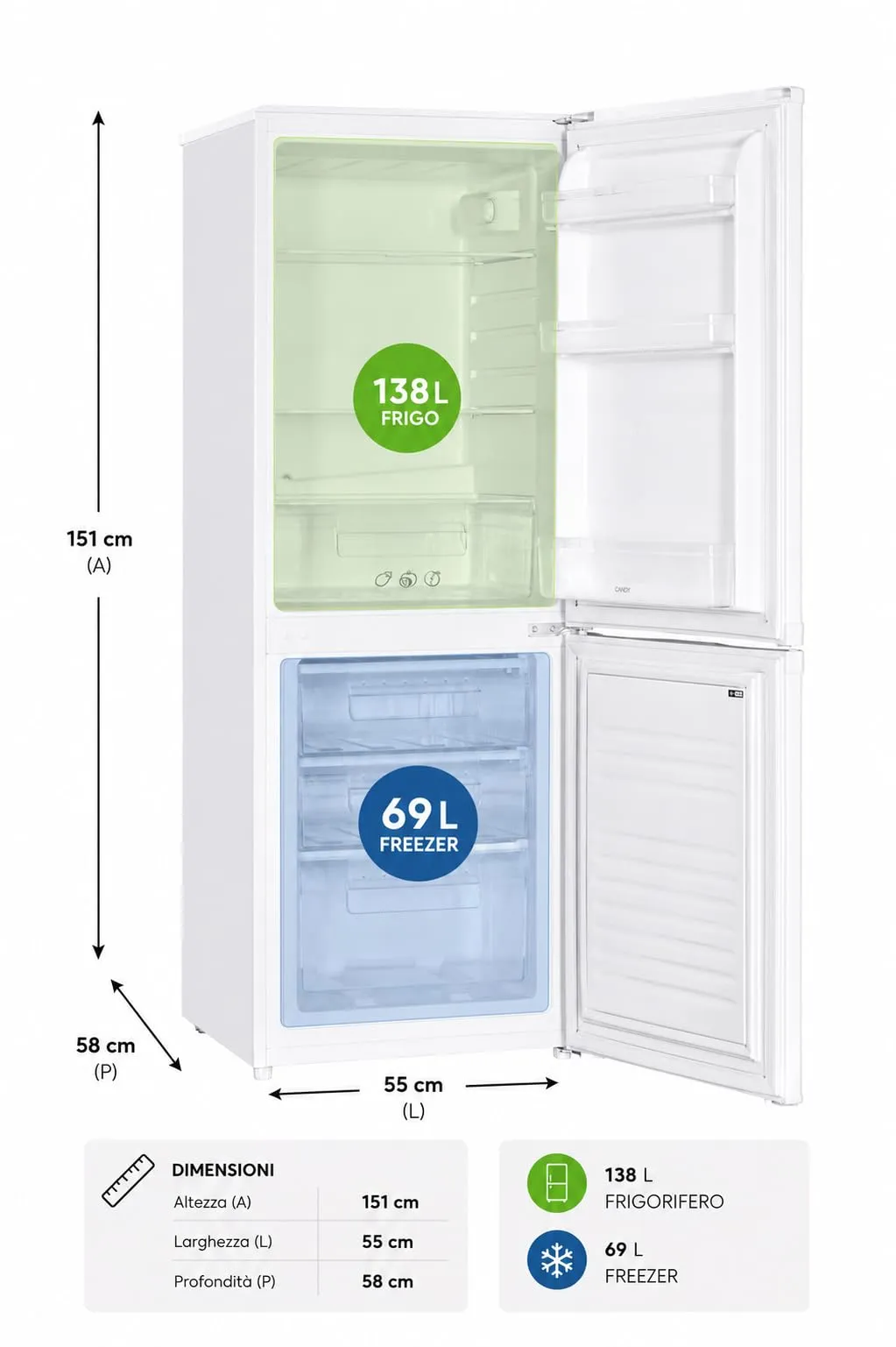 Candy Frigorifero Combinato CHCS 514EW, 207 Litri, Statico, Classe E, Bianco - immagine 3