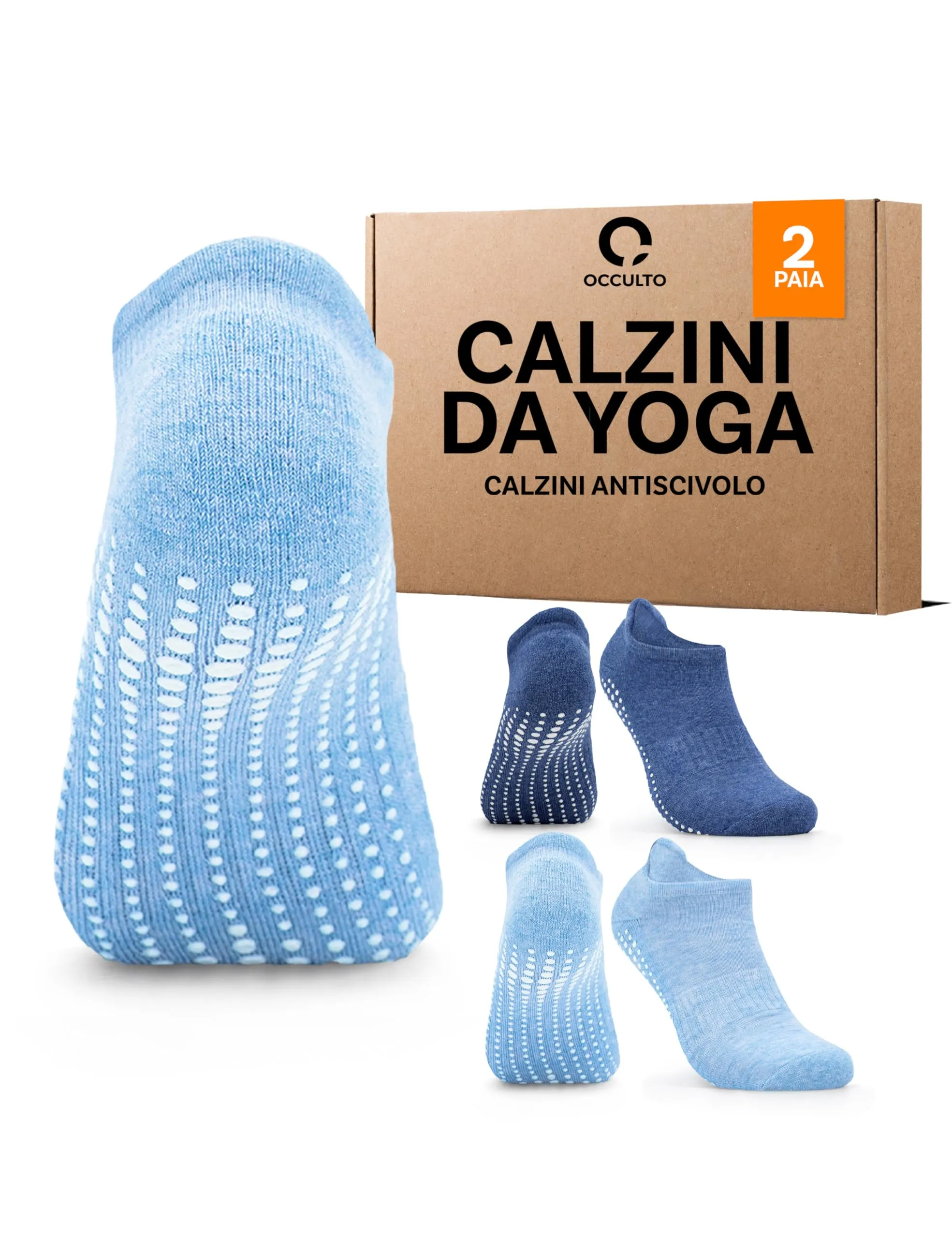 Occulto Calzini Antiscivolo per Donna e Uomo, Yoga Pilates e Fitness, 2 Paia, Blu 39-42 - immagine 1