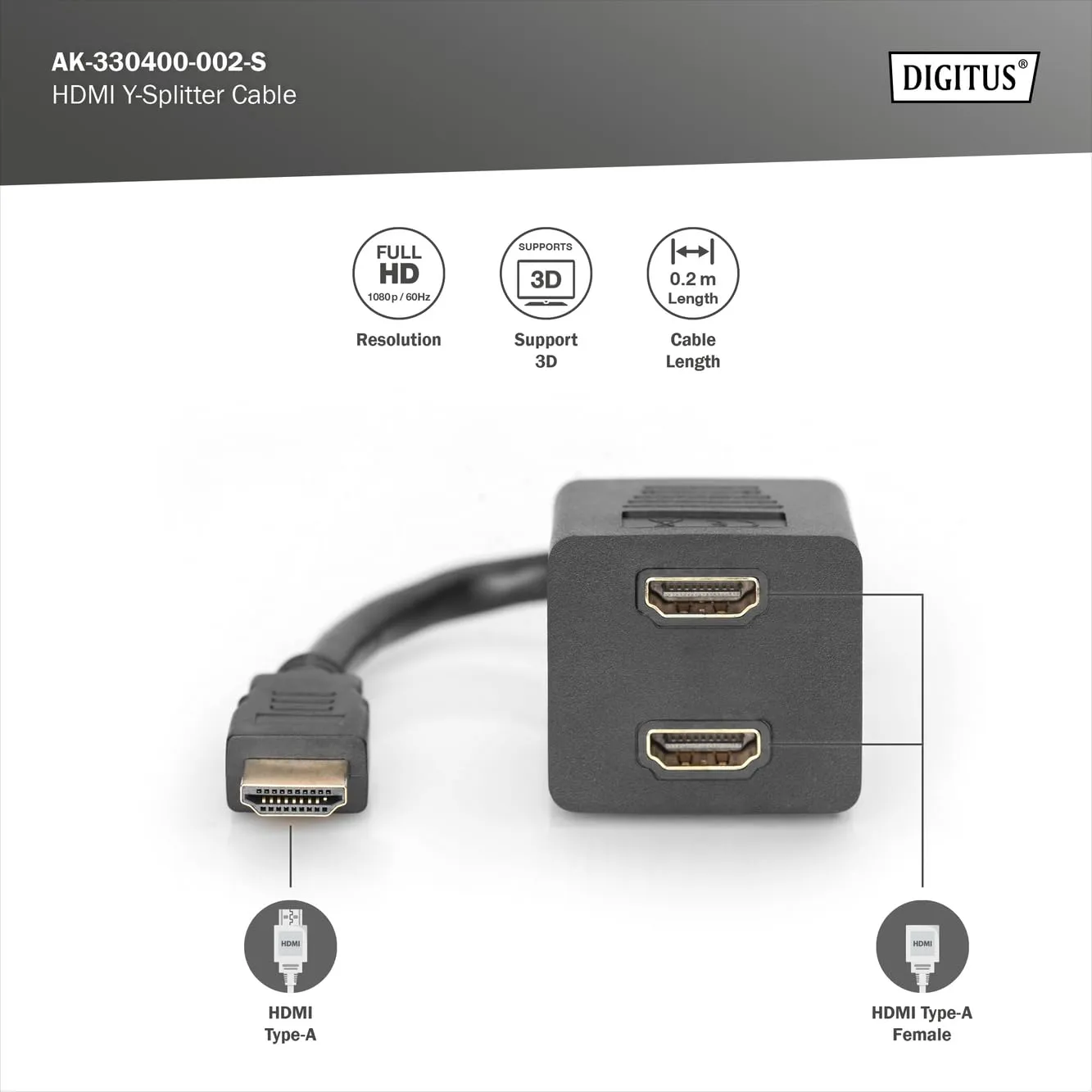 DIGITUS Adattatore HDMI Tipo A a 2x HDMI Tipo A, Full HD 60Hz, 1920 x 1200 Pixel, AK-508001, Nero - immagine 2