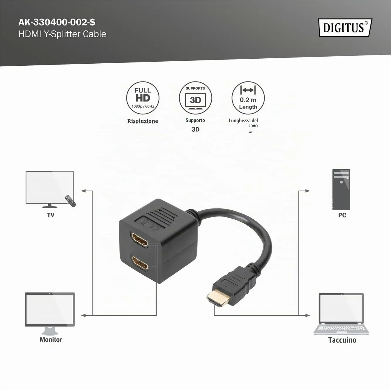 DIGITUS Adattatore HDMI Tipo A a 2x HDMI Tipo A, Full HD 60Hz, 1920 x 1200 Pixel, AK-508001, Nero - immagine 3