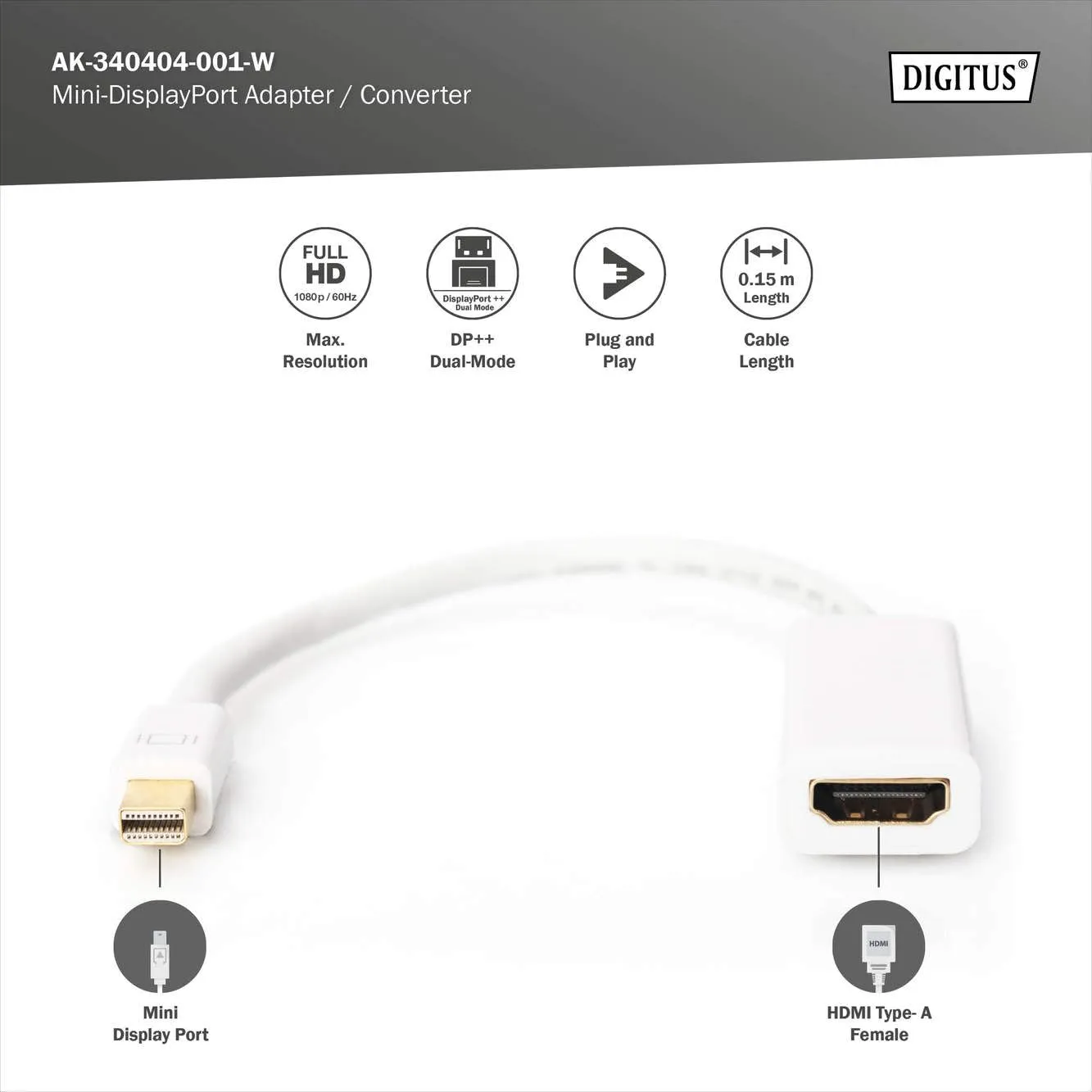 DIGITUS Adattatore Mini DisplayPort a HDMI, Full HD 60Hz, DP++ Dual-Mode, Bianco (AK-340404-001-W) - immagine 2