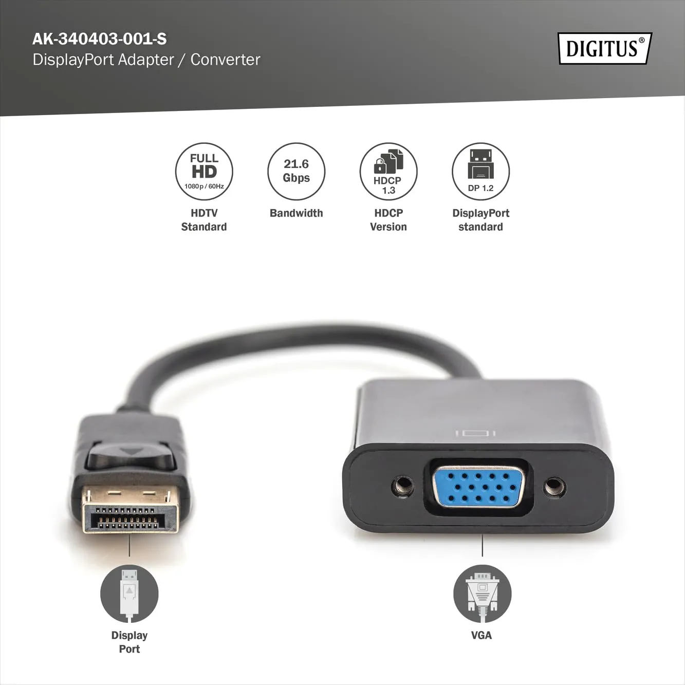 Digitus AK340403001S Cavo Adattatore DisplayPort 1.2 Maschio a VGA 15 Poli Femmina, 15 cm - immagine 2
