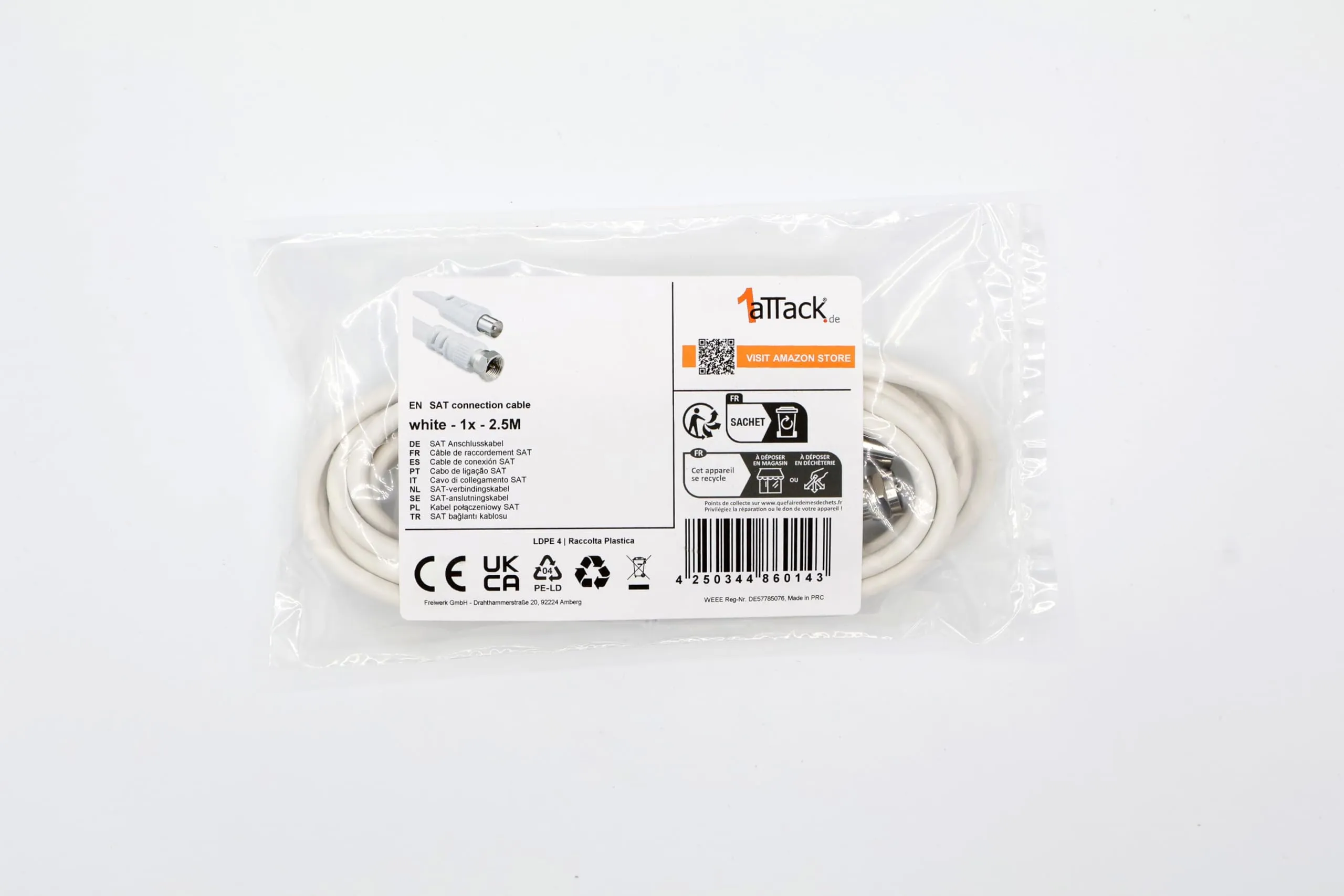 1aTTack.de Cavo adattatore antenna satellitare, 2,5 metri, connettori F schermati, bianco - immagine 2