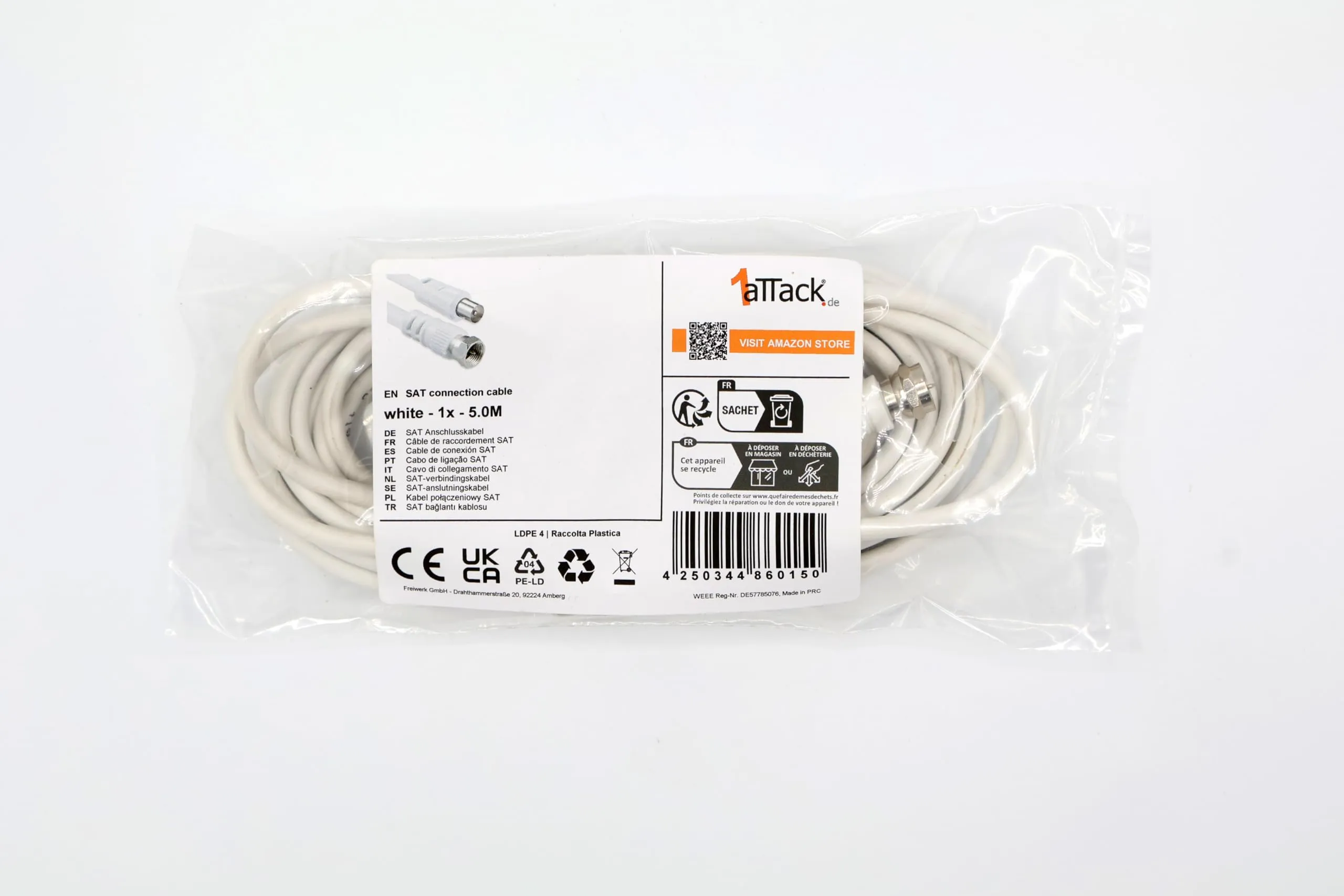 1aTTack.de Cavo adattatore antenna satellitare, 5 metri, Connettore F a Coassiale, Bianco, 80db - immagine 2