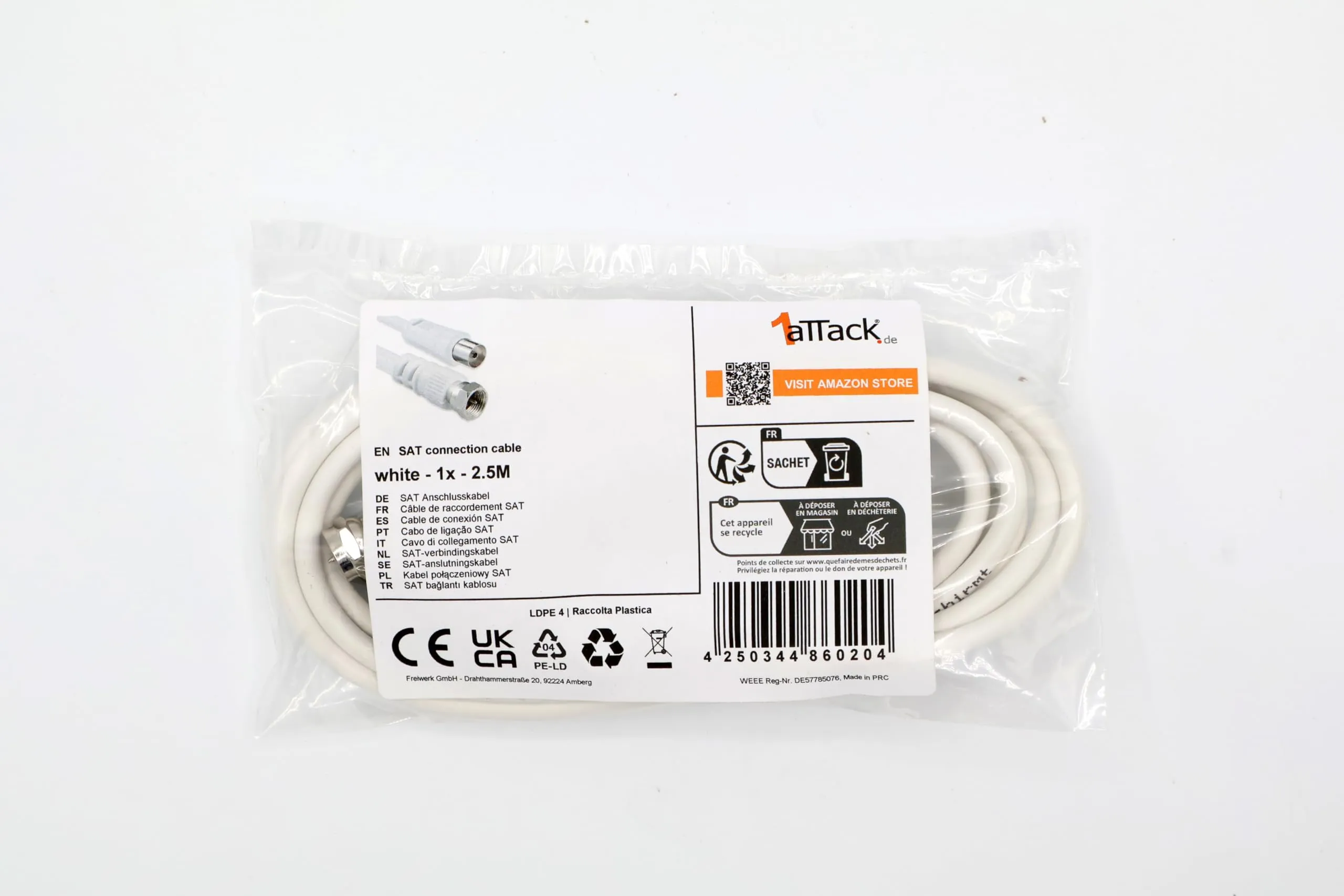 1aTTack.de Cavo Adattatore per Antenna SAT, 2,5 Metri, Connettore F a Presa Coassiale, Bianco, Ku 75db - immagine 2