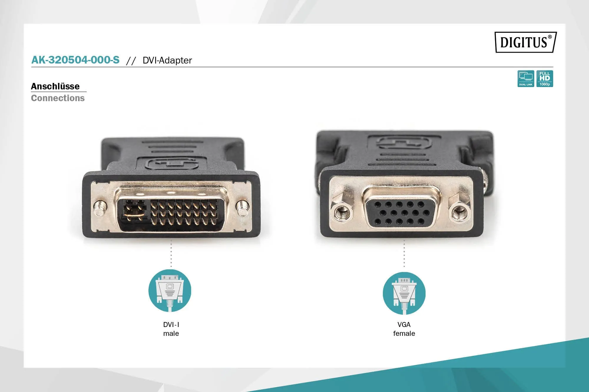Digitus AK-320504-000-S Adattatore DVI-I (24+5) a HD15 M/F Dual Link, Nero - immagine 2