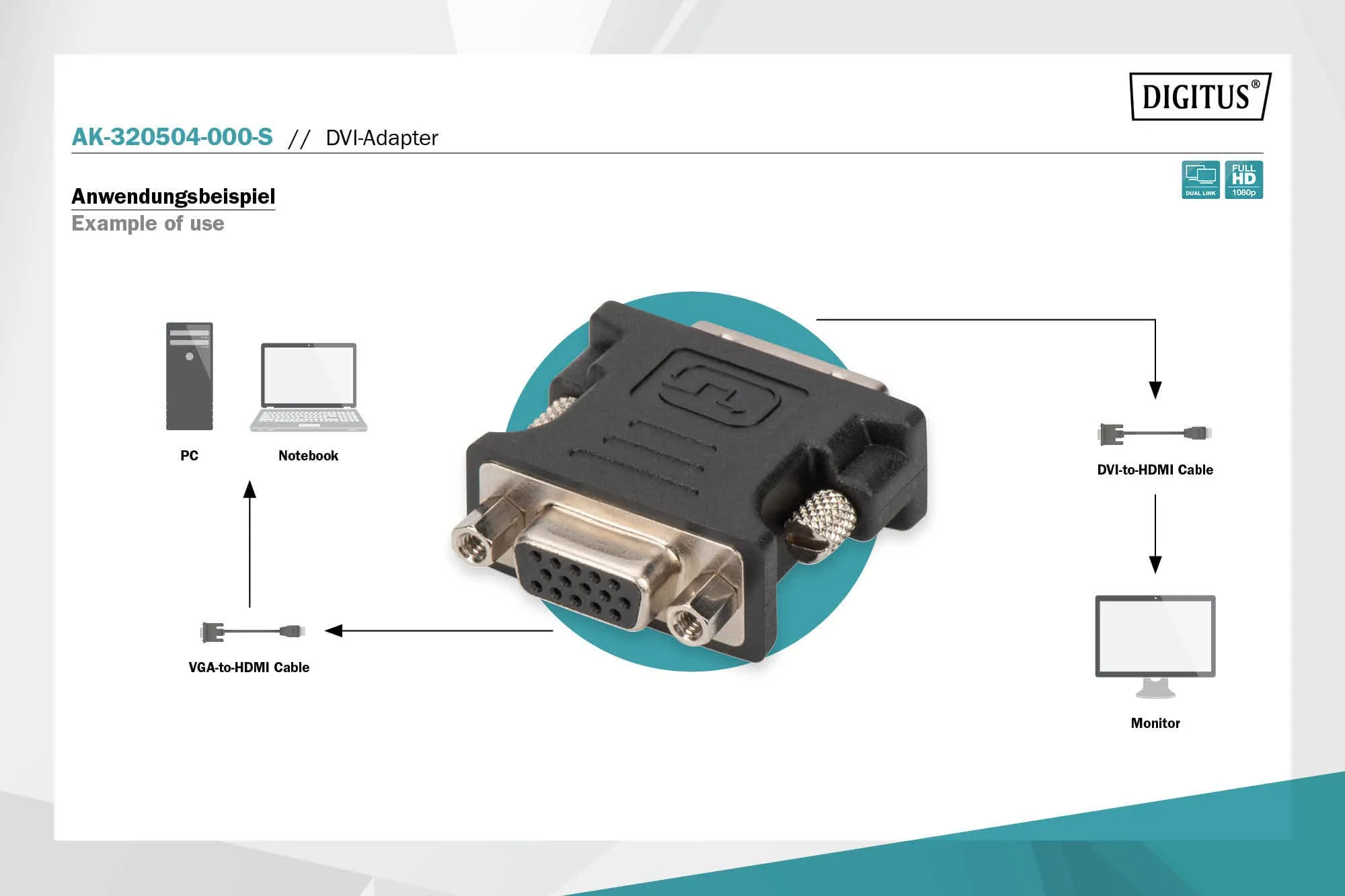 Digitus AK-320504-000-S Adattatore DVI-I (24+5) a HD15 M/F Dual Link, Nero - immagine 3