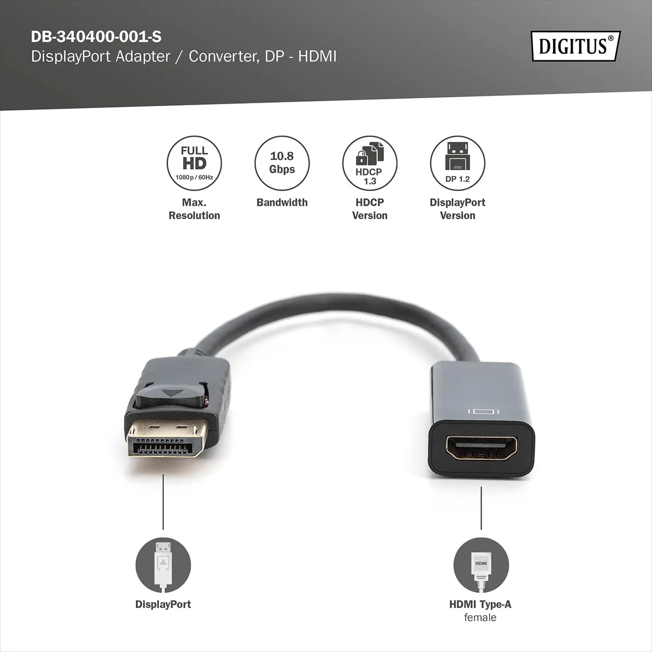 DIGITUS DisplayPort to HDMI Adapter - Black (DB-340400-001-S) - immagine 2