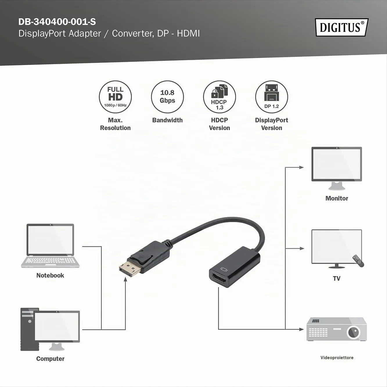 DIGITUS DisplayPort to HDMI Adapter - Black (DB-340400-001-S) - immagine 3