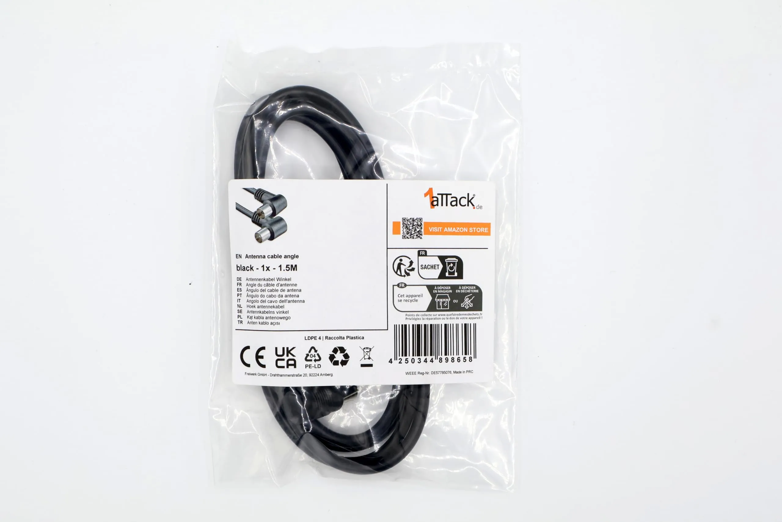 1aTTack.de Cavo antenna angolato 1,5m spina coassiale schermata 90° a presa 90° nero St-Ku 75db - immagine 2