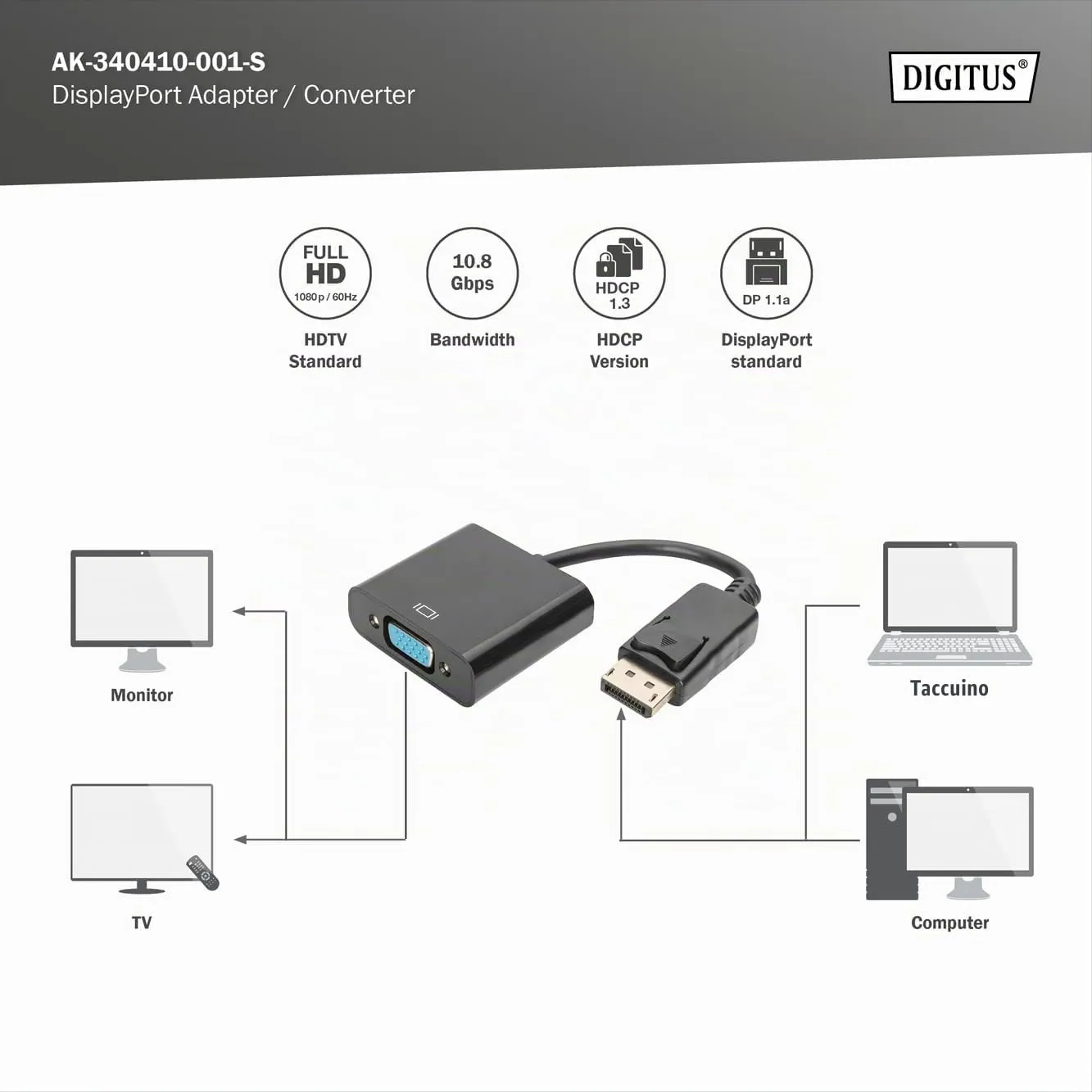 Digitus AK-340410-001-S Cavo Adattatore Porta Display - immagine 3