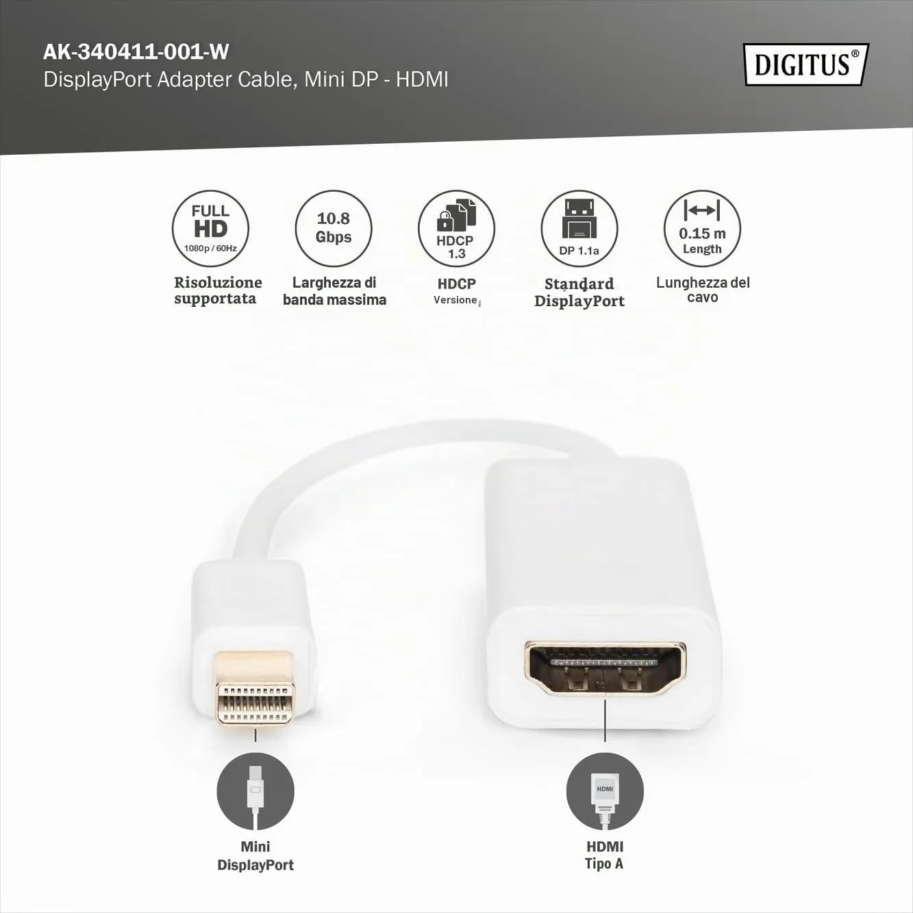 Digitus AK135005 Cavo Adattatore Mini DisplayPort a HDMI, 15 cm - immagine 2