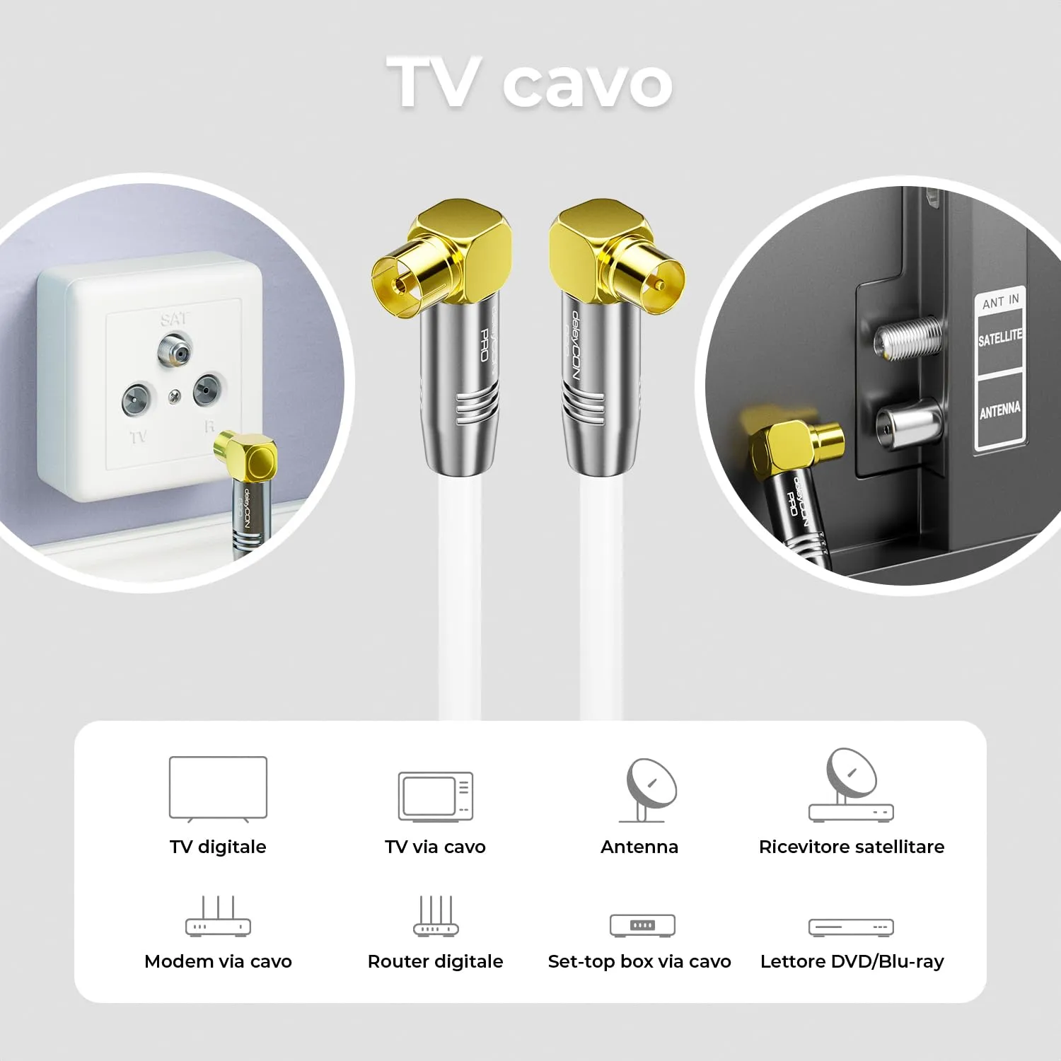 deleyCON Cavo Antenna TV 4K Coassiale, 12,5m, Spina IEC (90°) a Presa IEC (90°), Bianco - immagine 6