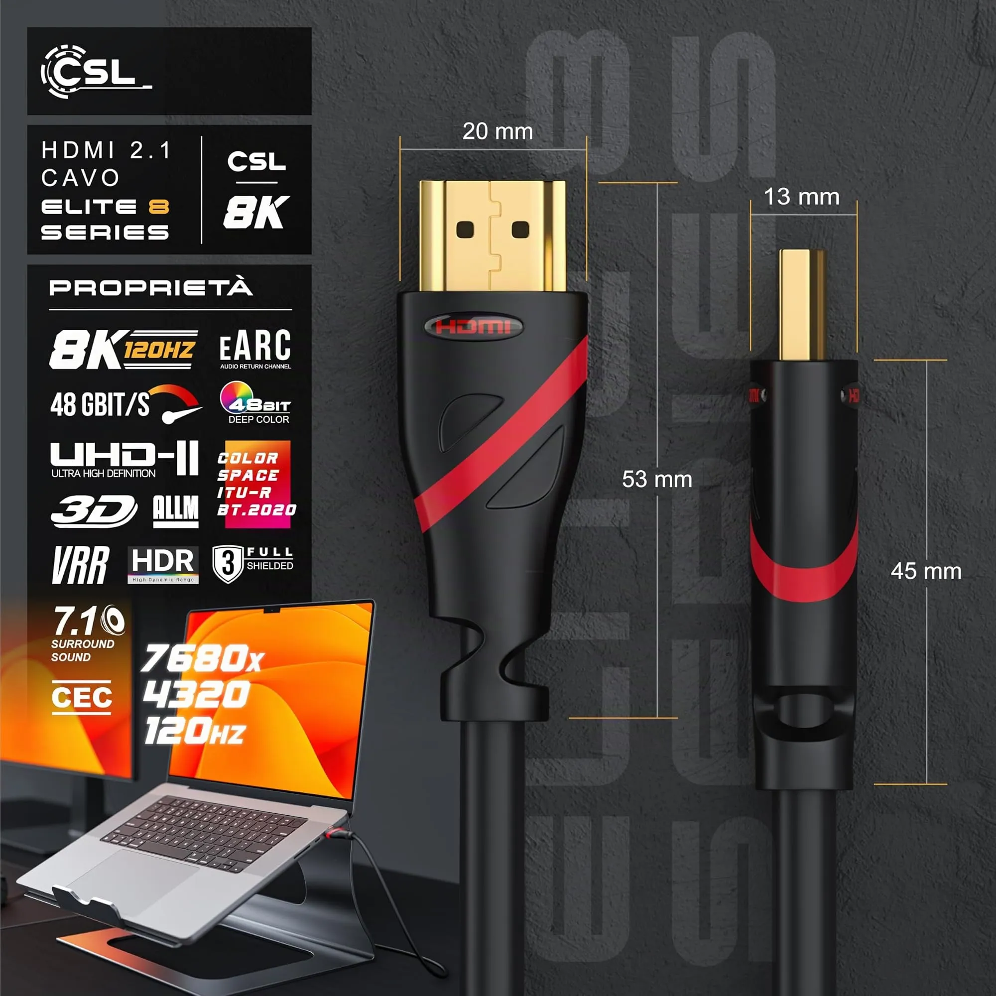 CSL-Computer Cavo HDMI 8K/4K 2.1/2.0 Ultra High Speed, 48 Gbit/s, Ethernet, 15m - Nero - immagine 4