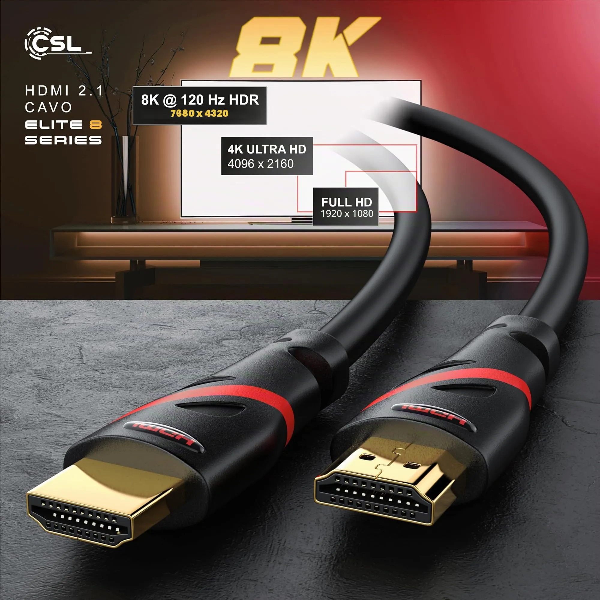 CSL-Computer Cavo HDMI 8K/4K 2.1/2.0 Ultra High Speed, 48 Gbit/s, Ethernet, 15m - Nero - immagine 6