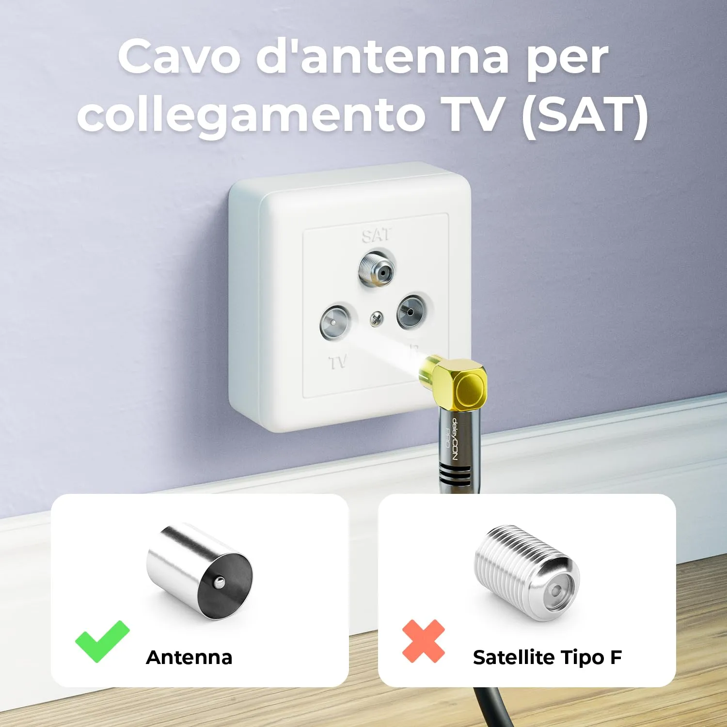 deleyCON Cavo Antenna TV Coassiale 4K Ultra HD, 3m, 2x Angolato 90°, Nero - immagine 4