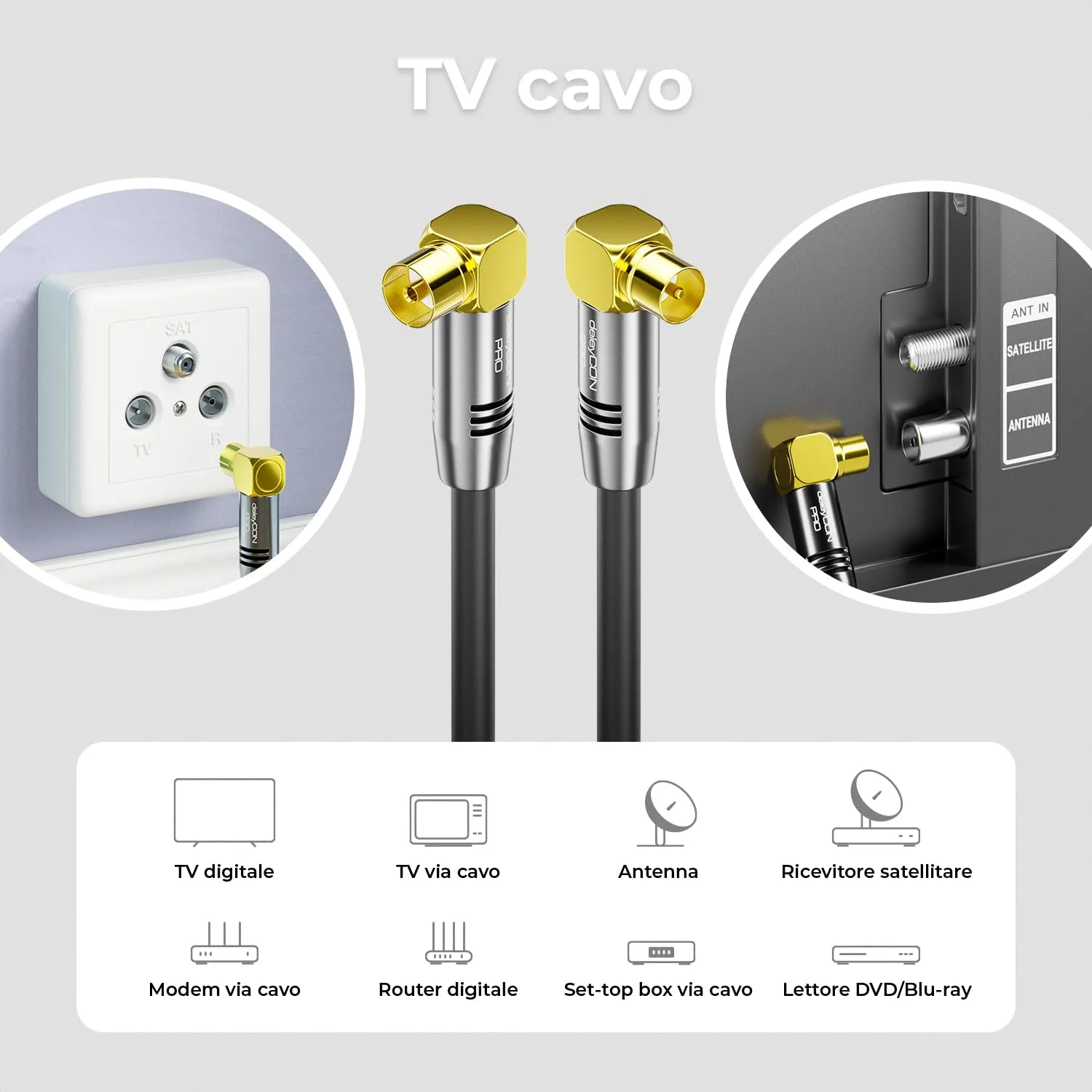 deleyCON Cavo Antenna TV Coassiale 10m 4K Ultra HD, 2x Angolato 90°, Nero - immagine 6