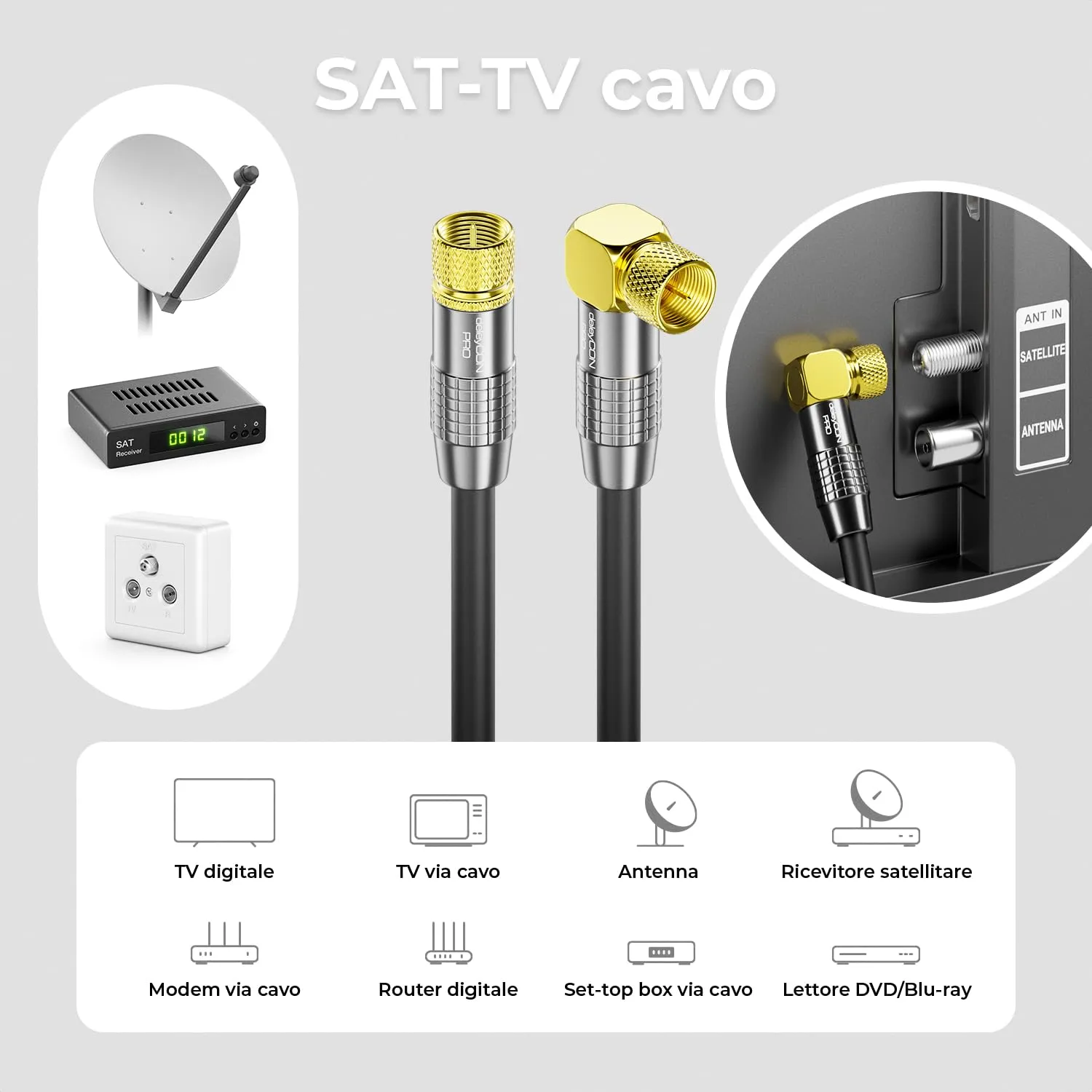 deleyCON Cavo Antenna SAT Satellitare Coassiale 10m - Connettore F 90° Angolato a Connettore F Dritto - Nero - immagine 6