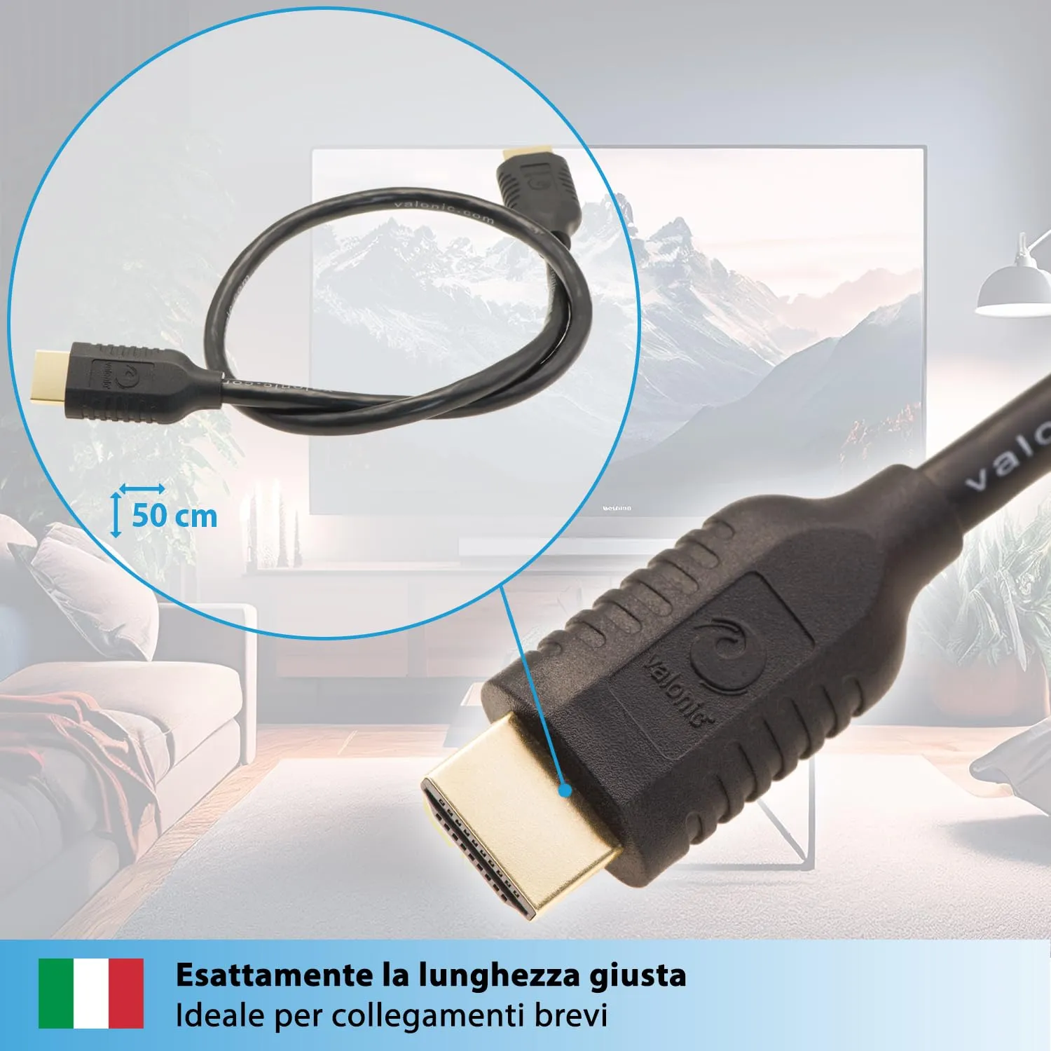 valonic Cavo HDMI 4K Ultra HD HDR ARC, 50 cm, Nero - immagine 4