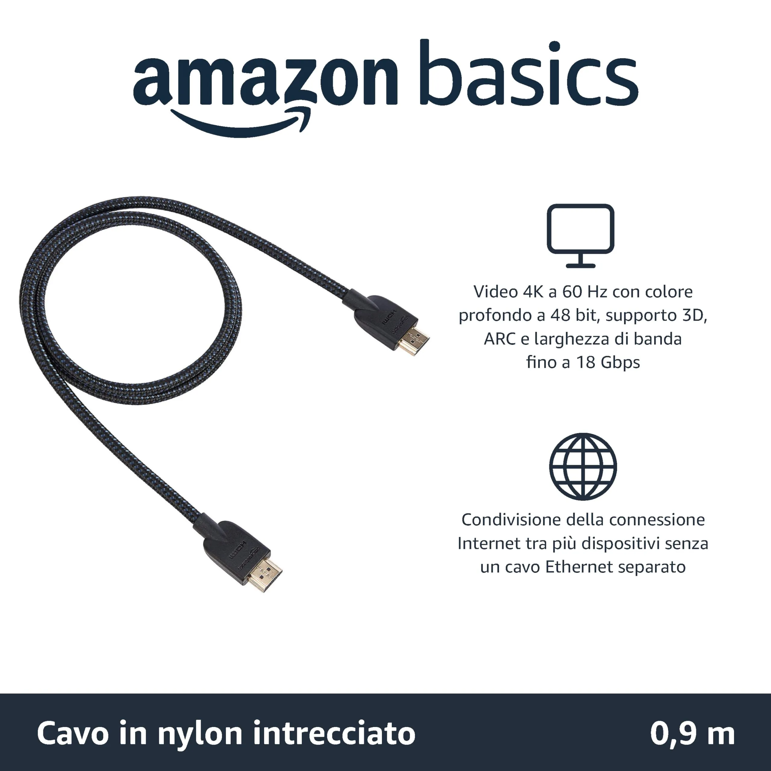 Amazon Basics Cavo HDMI intrecciato, 0.9 m, Nero - immagine 2