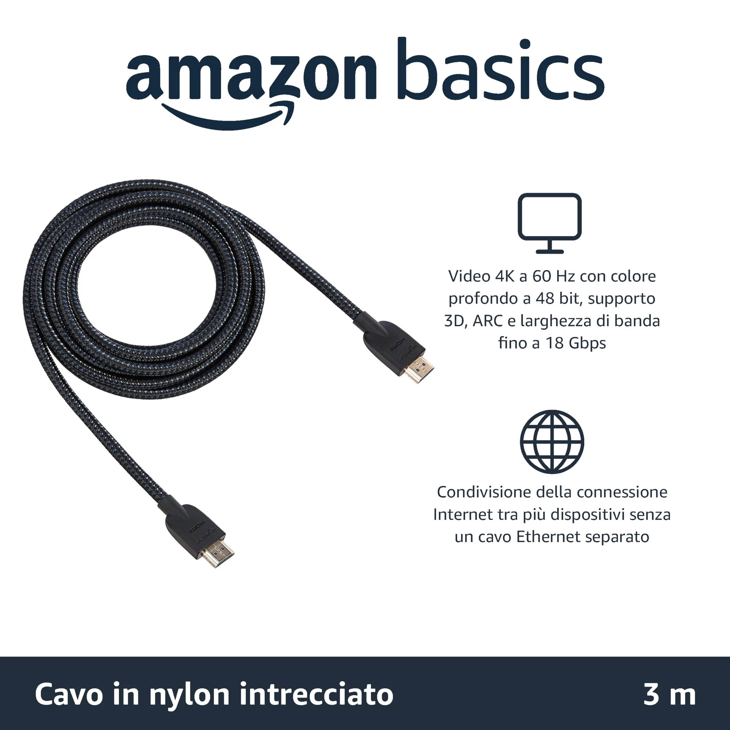 Amazon Basics Cavo HDMI 2.0 intrecciato, 3 m, Nero - immagine 2