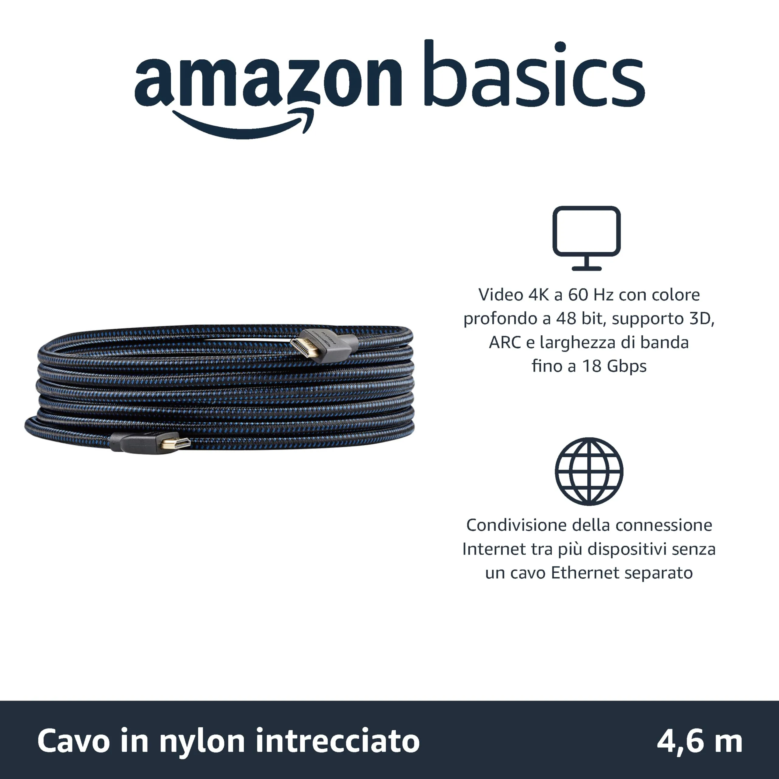 Amazon Basics Cavo HDMI intrecciato, 4,6 m, Nero e Blu - immagine 2