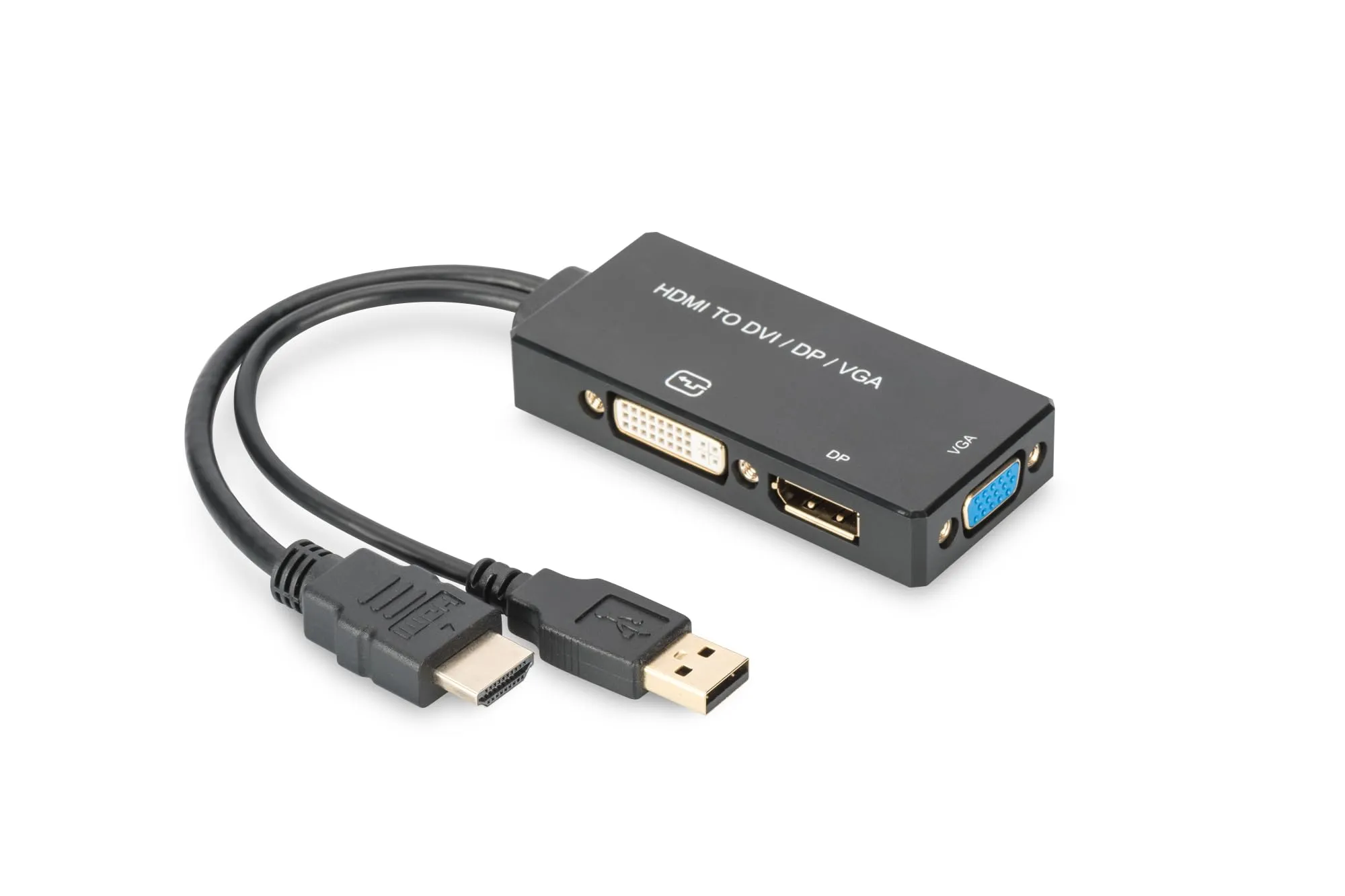 DIGITUS Adattatore Grafico HDMI a DP, DVI-I e VGA, 4K Ultra HD 30Hz, Nero - immagine 1