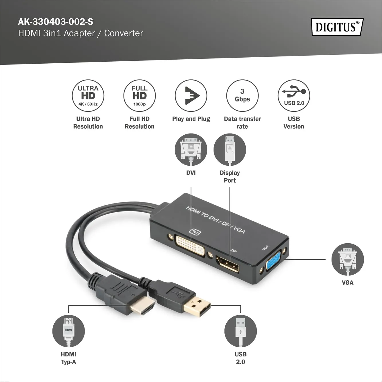 DIGITUS Adattatore Grafico HDMI a DP, DVI-I e VGA, 4K Ultra HD 30Hz, Nero - immagine 2