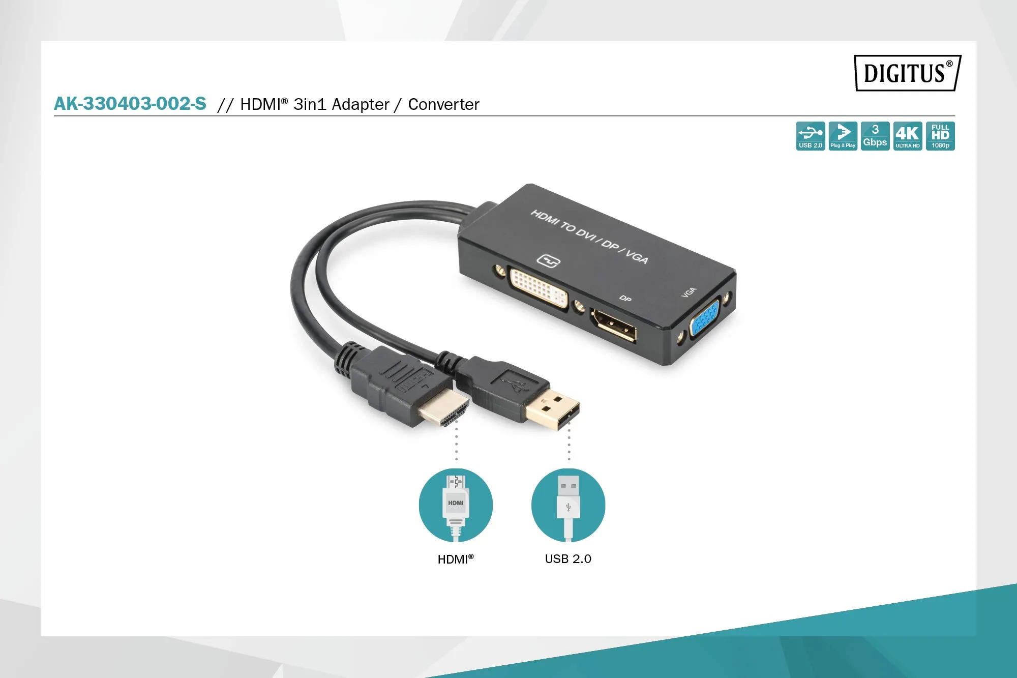 DIGITUS Adattatore Grafico HDMI a DP, DVI-I e VGA, 4K Ultra HD 30Hz, Nero - immagine 8